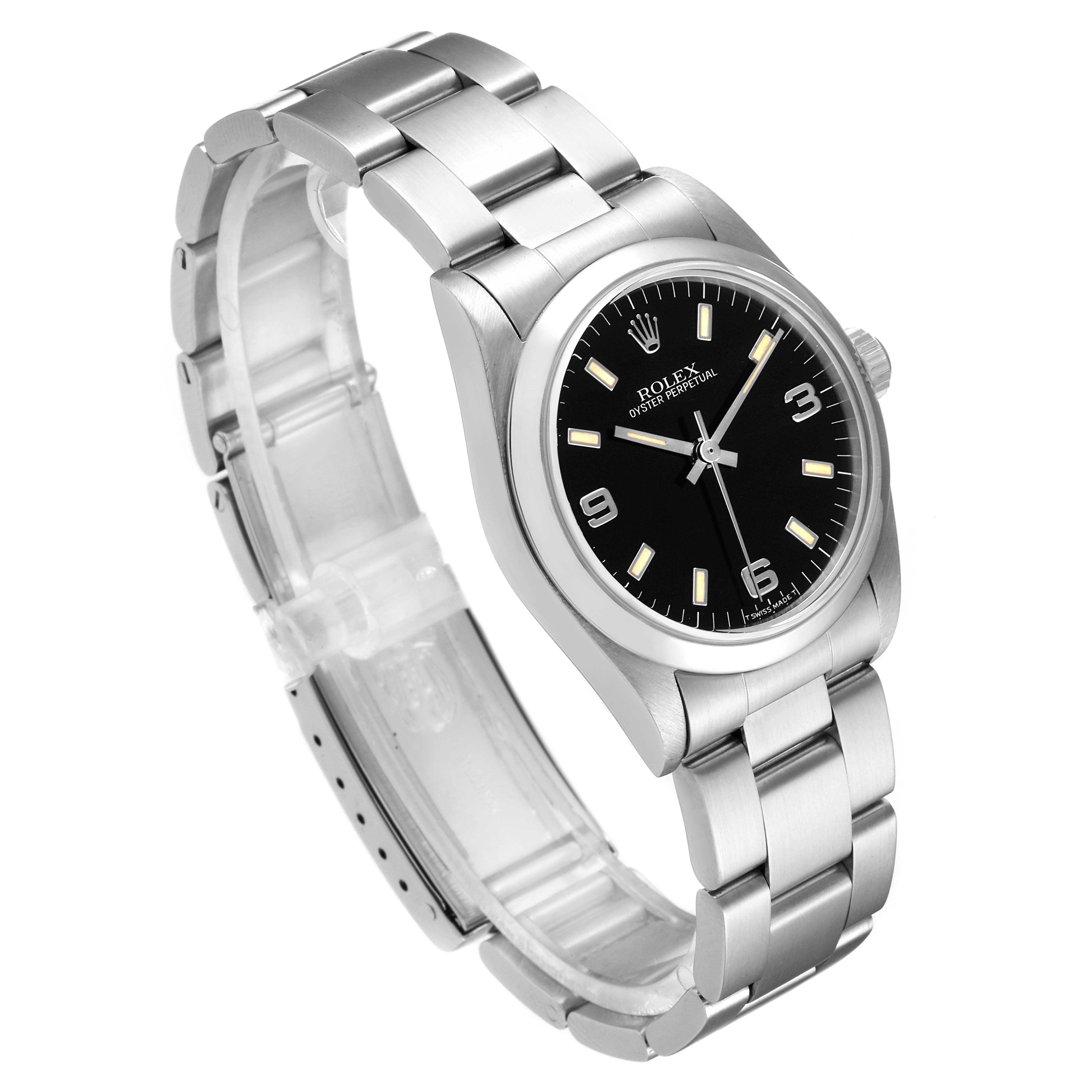 This image shows a side-angle view of a Mid-Size Rolex watch, highlighting its bracelet, case, and black dial.