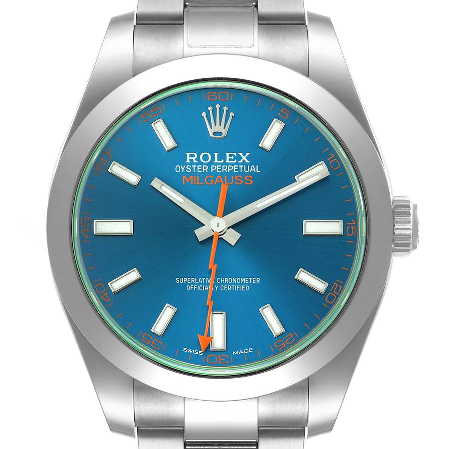 The Rolex Milgauss watch is shown from a front angle, displaying its blue dial, orange hour markers, and silver bracelet.