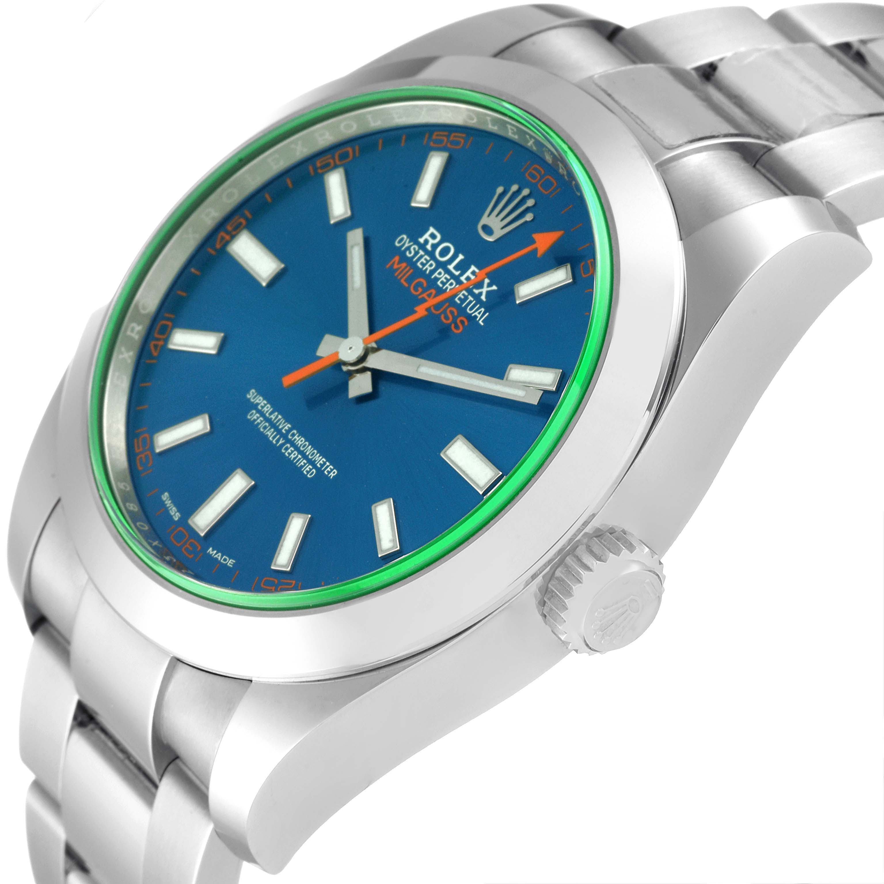 The Rolex Milgauss 116400GV Men
s Stainless Steel Blue Dial 116400GV Men
s Stainless Steel Blue Dial watch is shown at an angled side view, highlighting the blue dial, green crystal, and stainless steel bracelet.