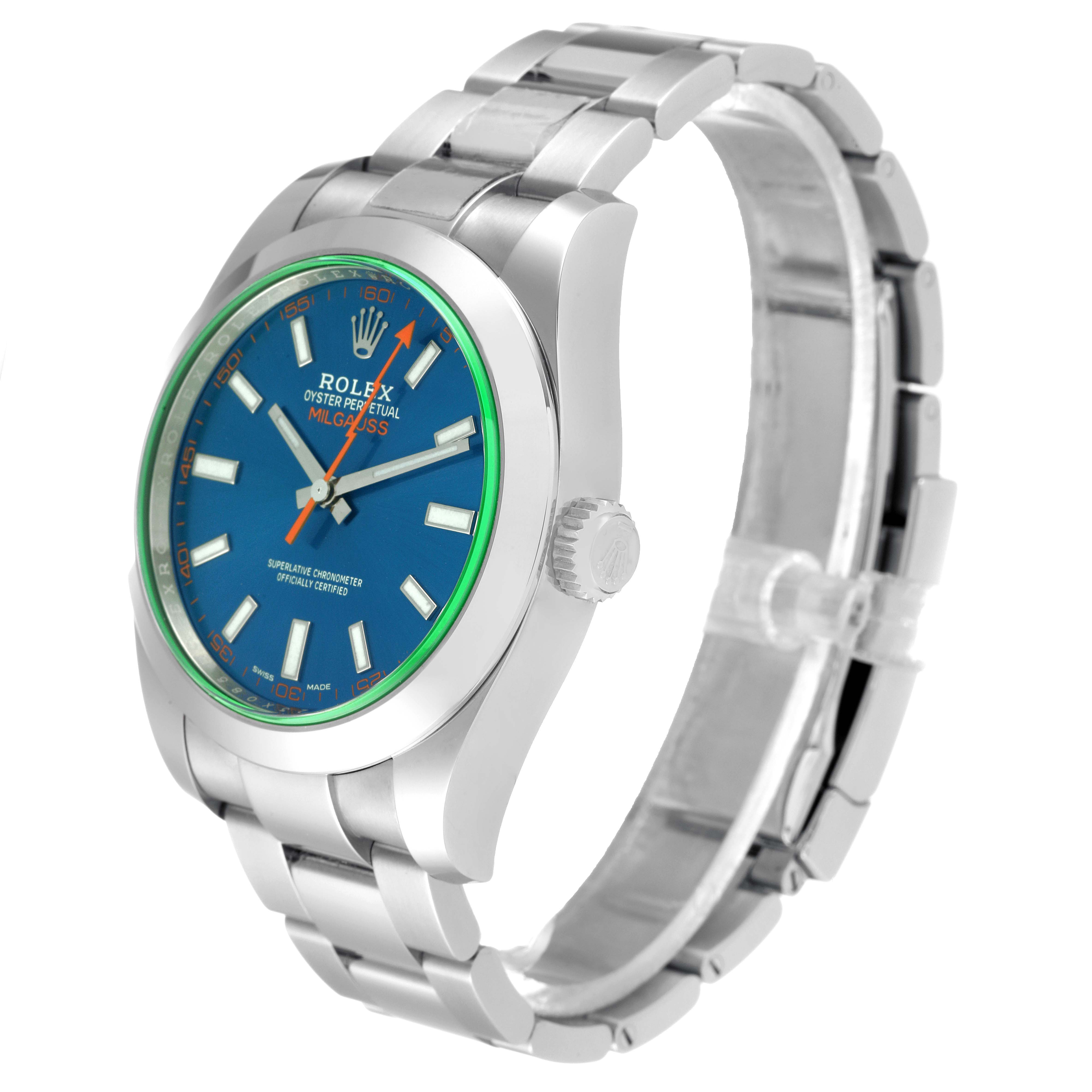 The Rolex Milgauss 116400GV Men
s Stainless Steel Blue Dial 116400GV Men
s Stainless Steel Blue Dial watch is shown at a three-quarter angle, displaying the face, bezel, crown, and part of the bracelet.