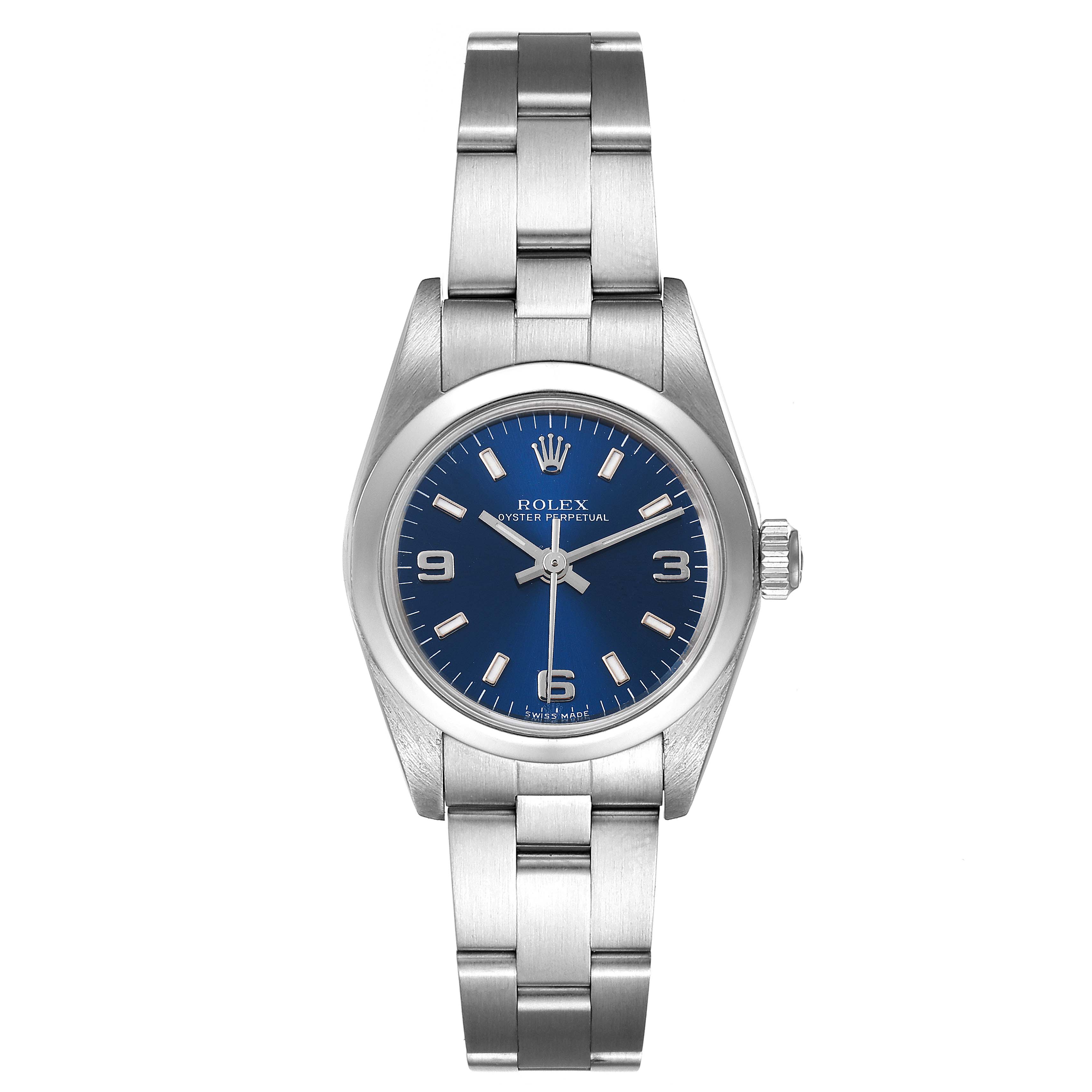 The image shows a frontal view of a Rolex Oyster Perpetual 76080 Women
s Stainless Steel Blue Dial 76080 Women
s Stainless Steel Blue Dial watch, displaying its blue dial, bracelet, and bezel.