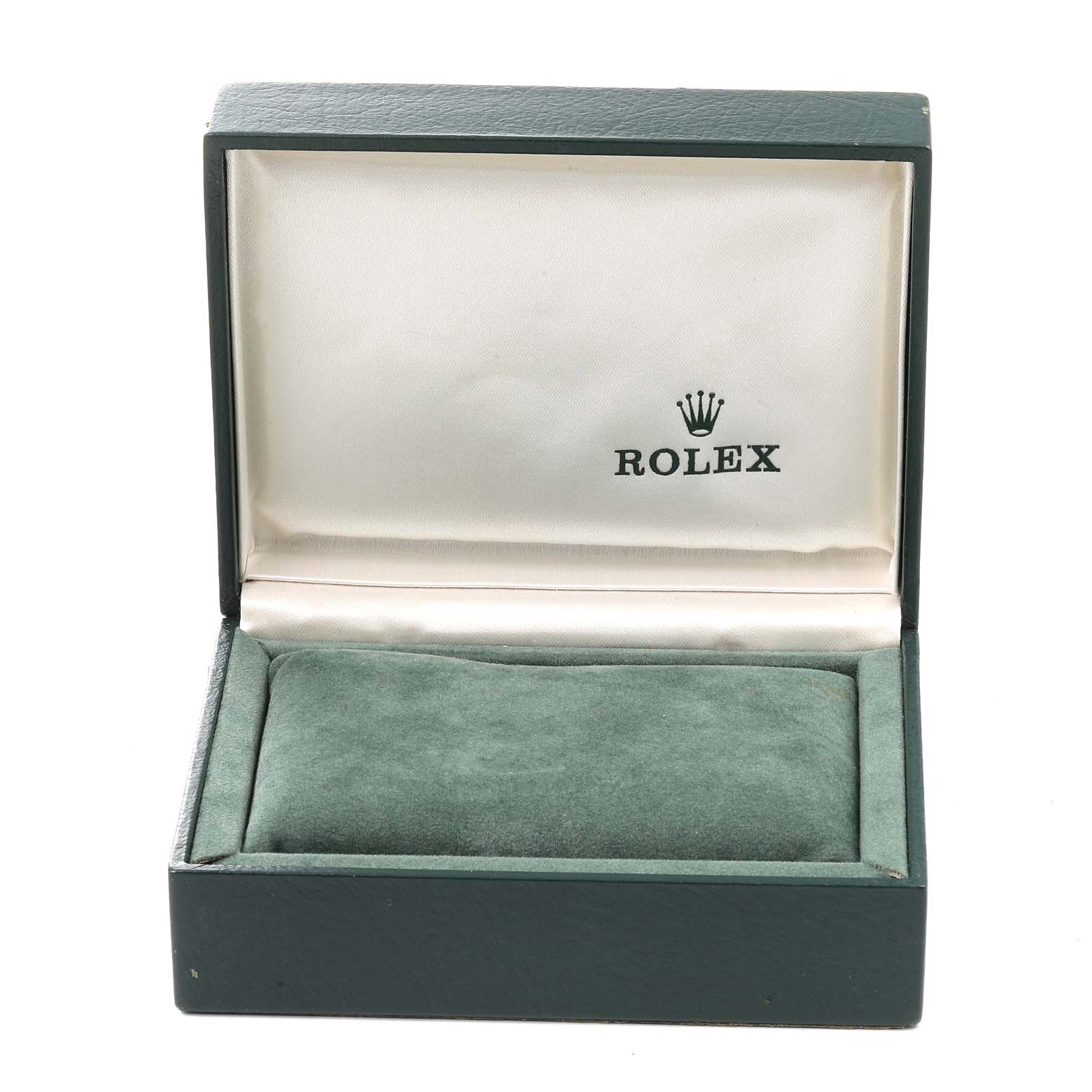 This image shows an open Rolex Oyster Perpetual 76080 Women
s Stainless Steel Blue Dial 76080 Women
s Stainless Steel Blue Dial watch box without the watch, viewed from the front.