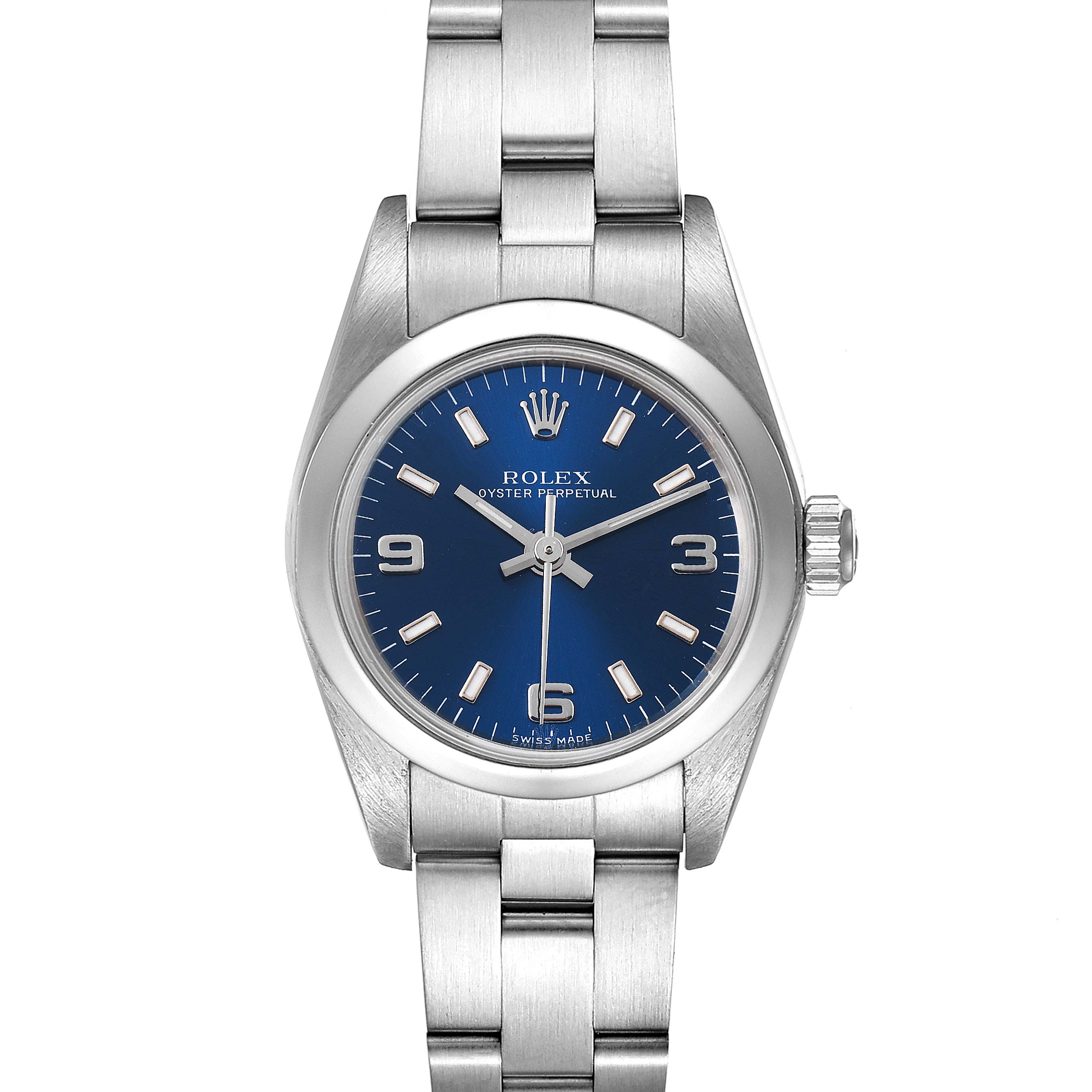 The image shows a front view of a Rolex Oyster Perpetual 76080 Women
s Stainless Steel Blue Dial 76080 Women
s Stainless Steel Blue Dial watch, featuring a blue dial and a stainless steel bracelet.