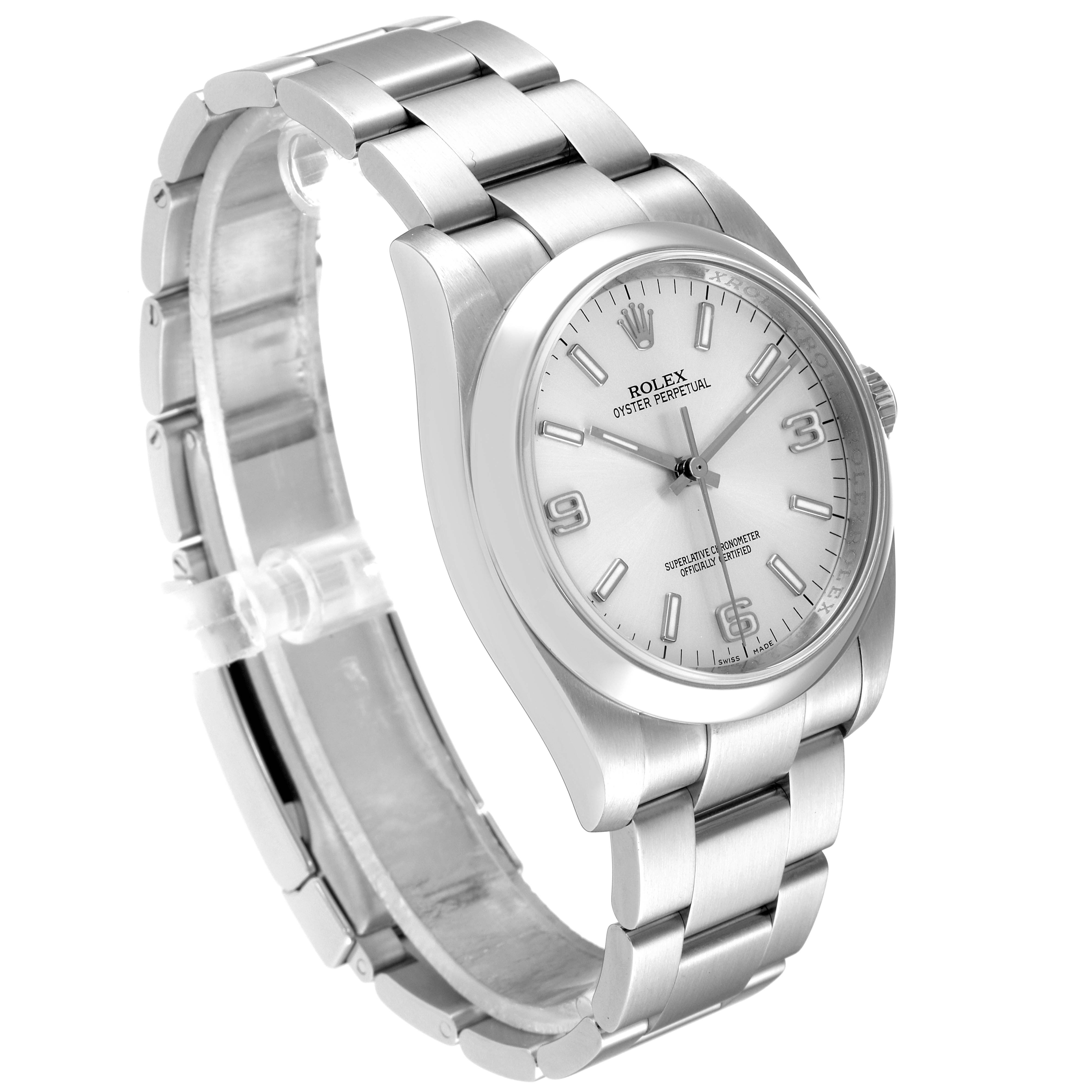 The Rolex Oyster Perpetual 116000 Men's Stainless Steel Silver Dial 116000 Men's Stainless Steel Silver Dial watch is shown at a slight angle, displaying its bracelet, case, and dial.