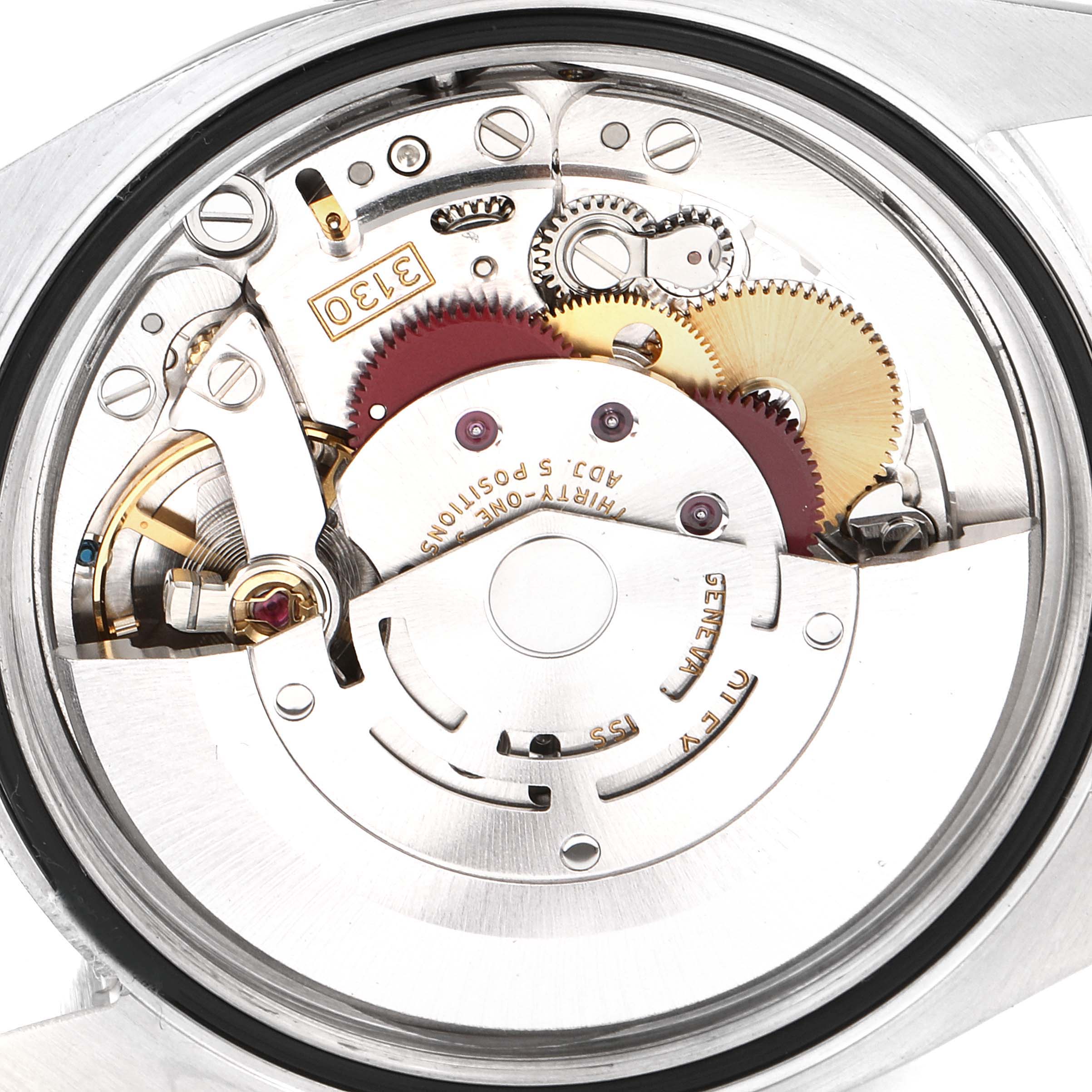 The image shows the movement mechanism of a Rolex Oyster Perpetual 116000 Men's Stainless Steel Silver Dial 116000 Men's Stainless Steel Silver Dial model from a back view angle.