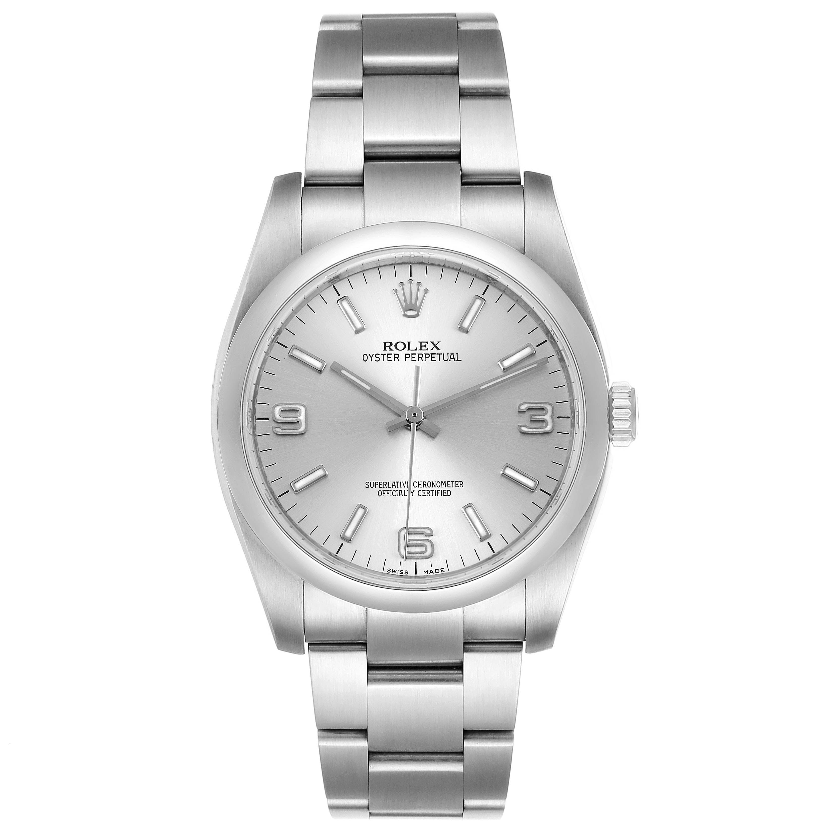 This image shows a front view of a Rolex Oyster Perpetual 116000 Men's Stainless Steel Silver Dial 116000 Men's Stainless Steel Silver Dial watch, highlighting the dial, hands, crown, and bracelet.