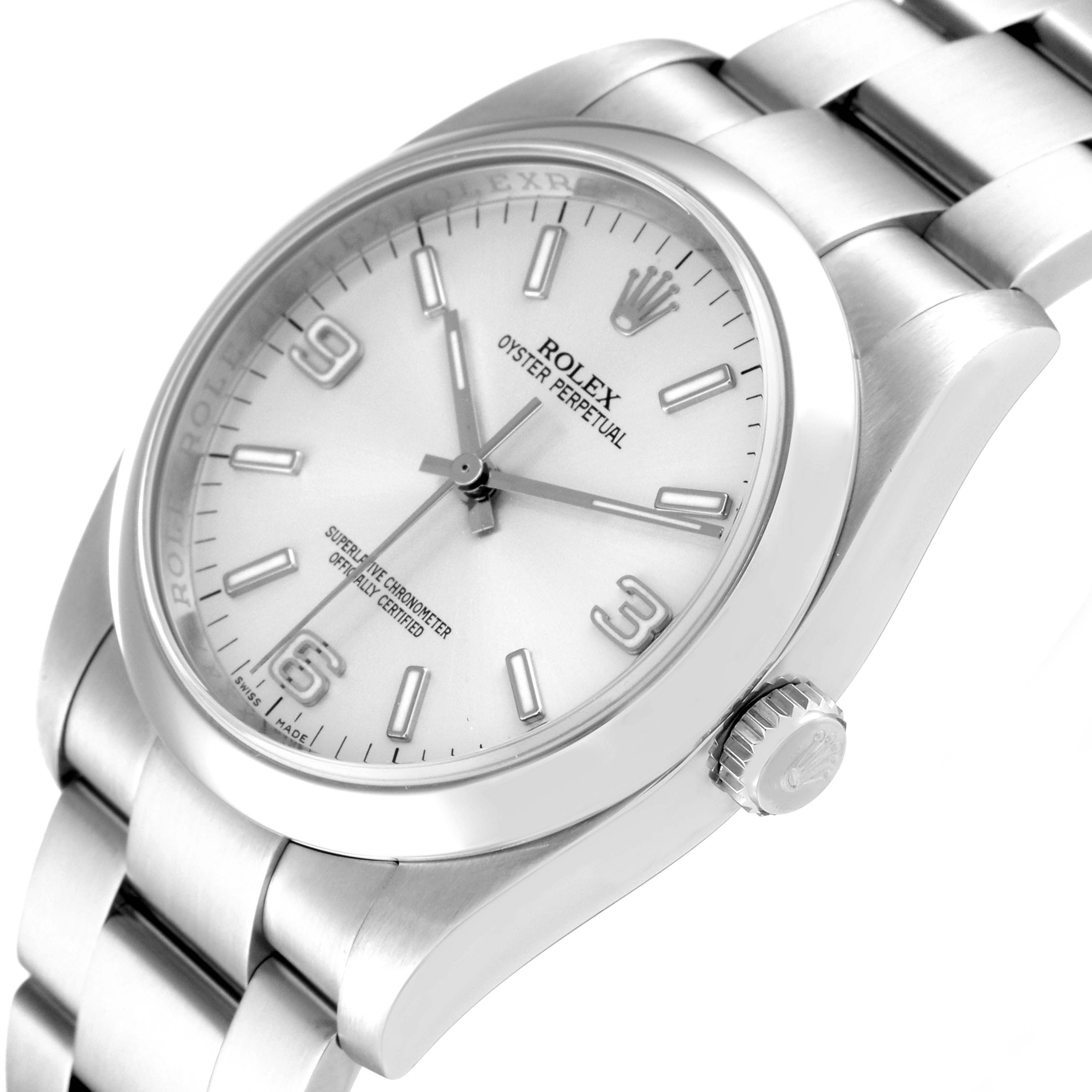 The image shows a close-up of the face and bezel of the Rolex Oyster Perpetual 116000 Men's Stainless Steel Silver Dial 116000 Men's Stainless Steel Silver Dial watch, viewed at a slight angle.