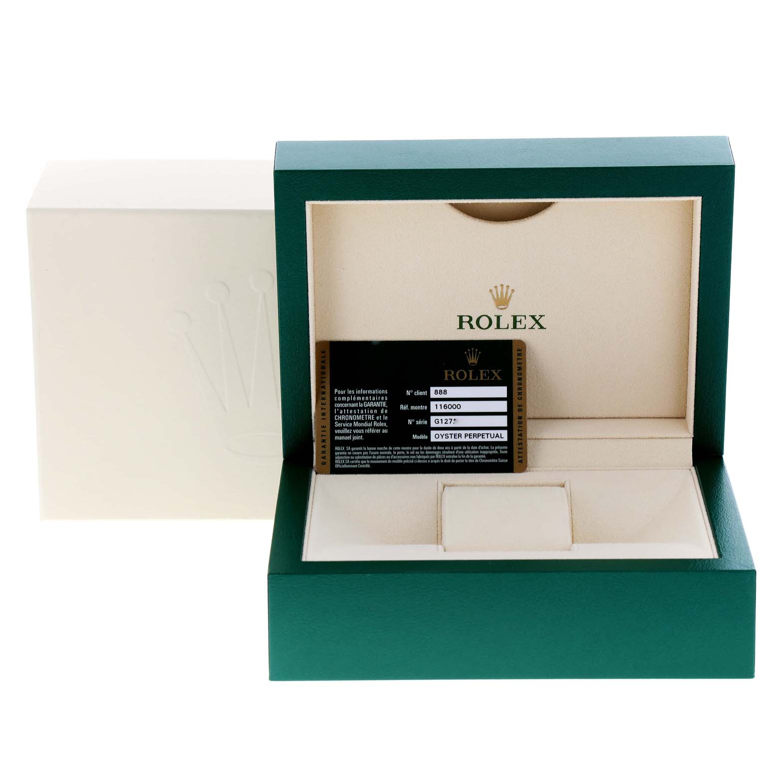 The image shows the packaging and authenticity card for a Rolex Oyster Perpetual 116000 Men's Stainless Steel Silver Dial 116000 Men's Stainless Steel Silver Dial watch, including the inner box and outer cover.