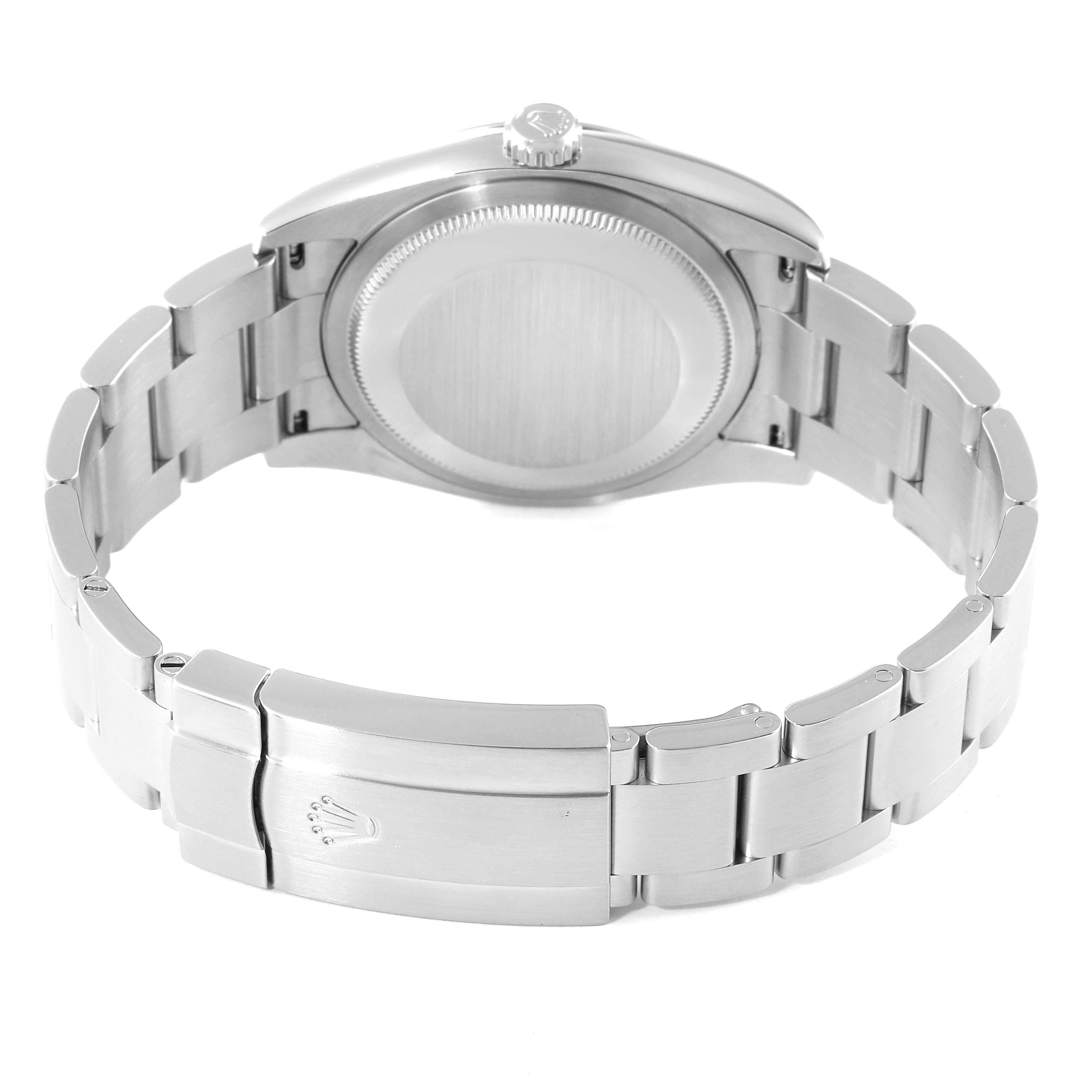 This image shows the back case and clasp of a Rolex Oyster Perpetual 116000 Men's Stainless Steel Silver Dial 116000 Men's Stainless Steel Silver Dial watch in a horizontal view.