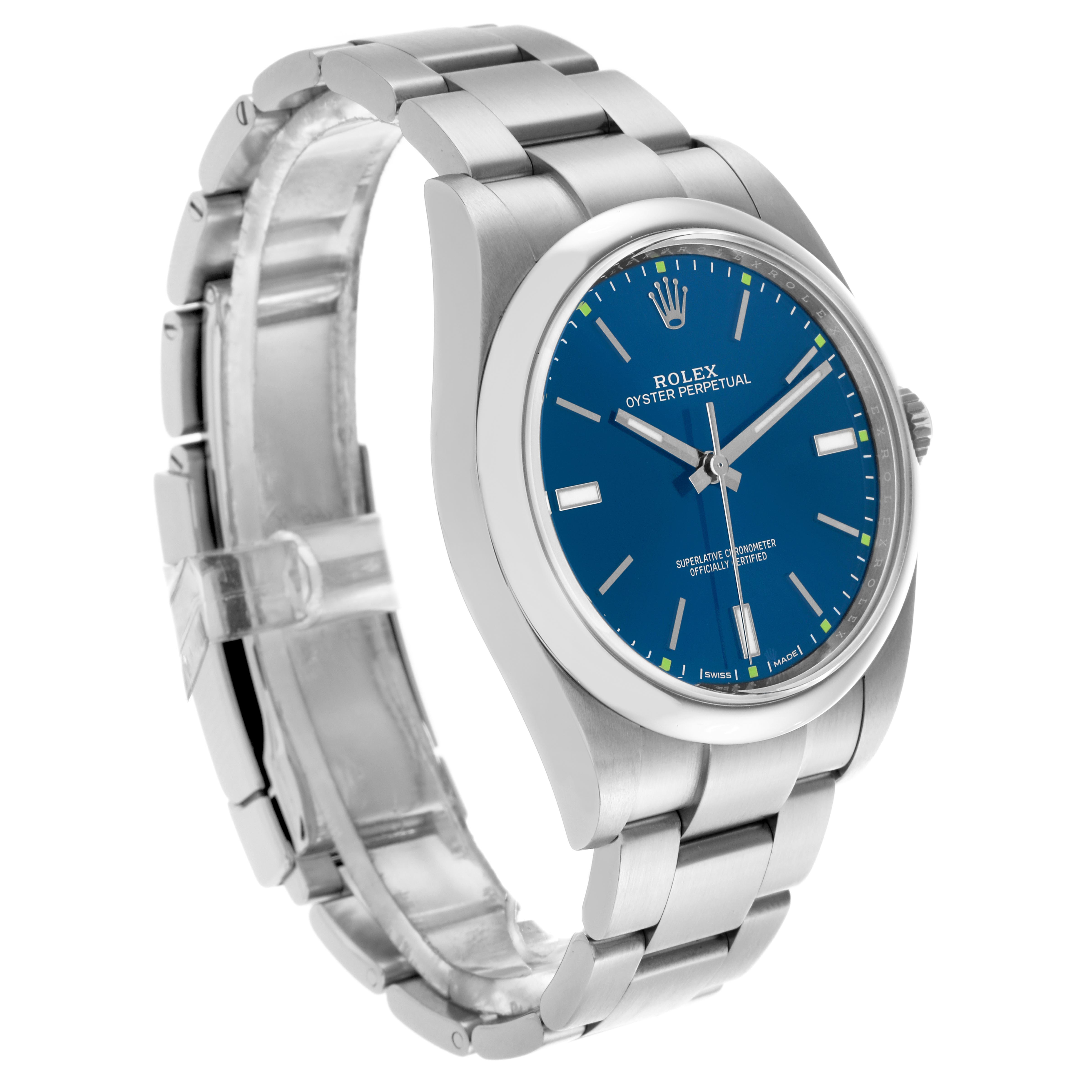 The Rolex Oyster Perpetual 114300 Men's Stainless Steel Blue Dial 114300 Men's Stainless Steel Blue Dial watch is shown at a three-quarter angle, highlighting its blue dial, bezel, and bracelet.
