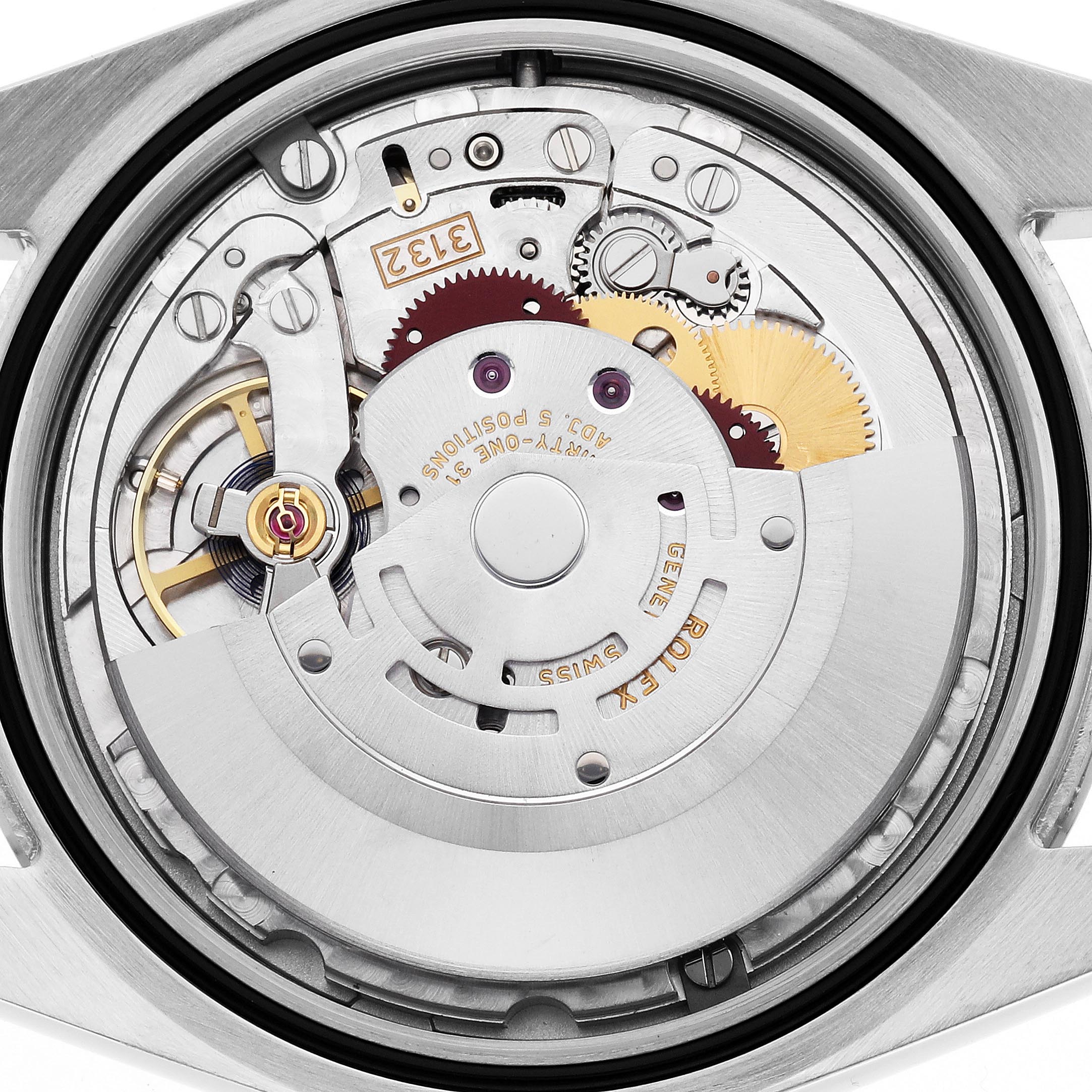 The image shows the movement of a Rolex Oyster Perpetual 114300 Men's Stainless Steel Blue Dial 114300 Men's Stainless Steel Blue Dial watch from the back, displaying gears and mechanical components.