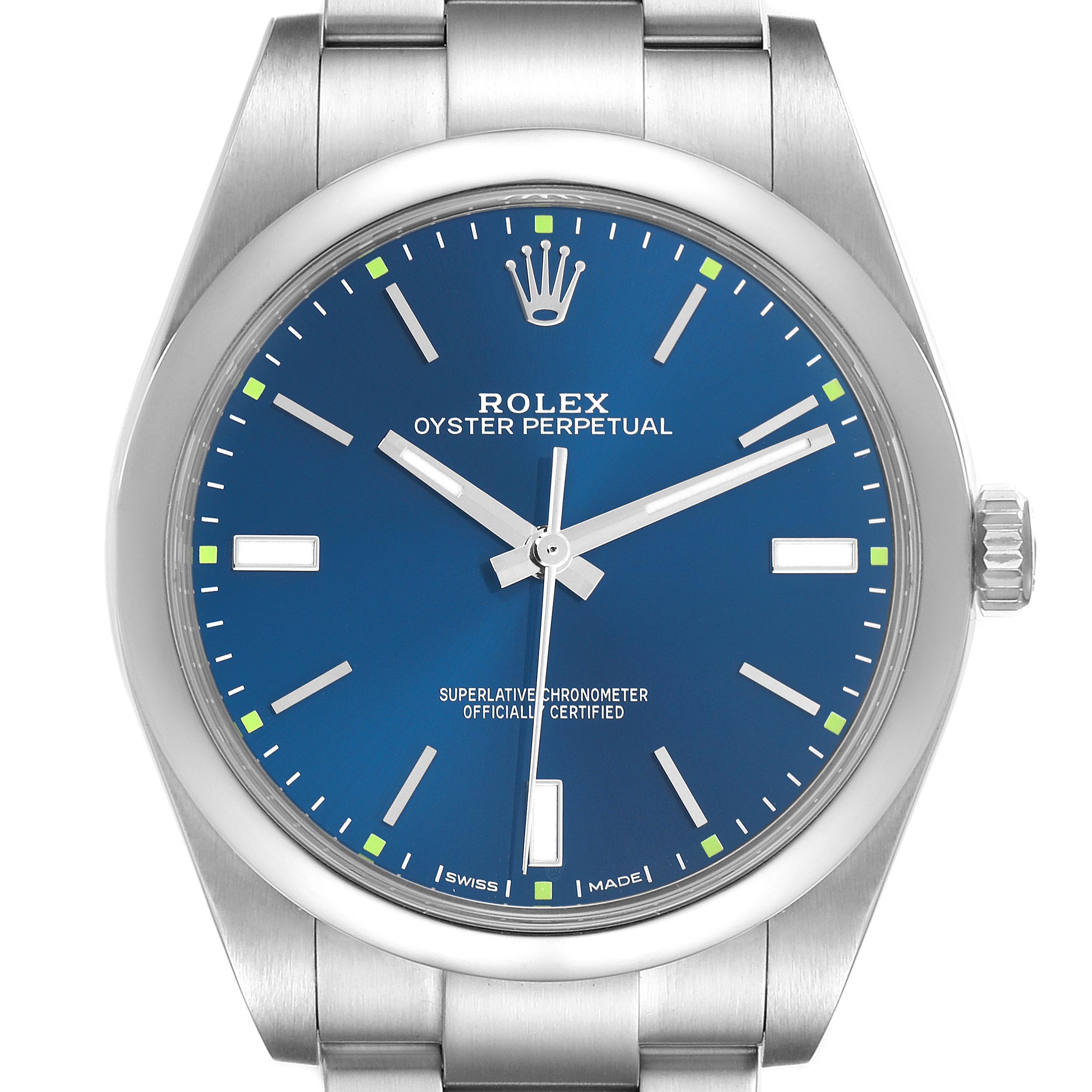 The Rolex Oyster Perpetual 114300 Men's Stainless Steel Blue Dial 114300 Men's Stainless Steel Blue Dial watch is shown from a front angle, displaying the dial, hands, bezel, and part of the bracelet.