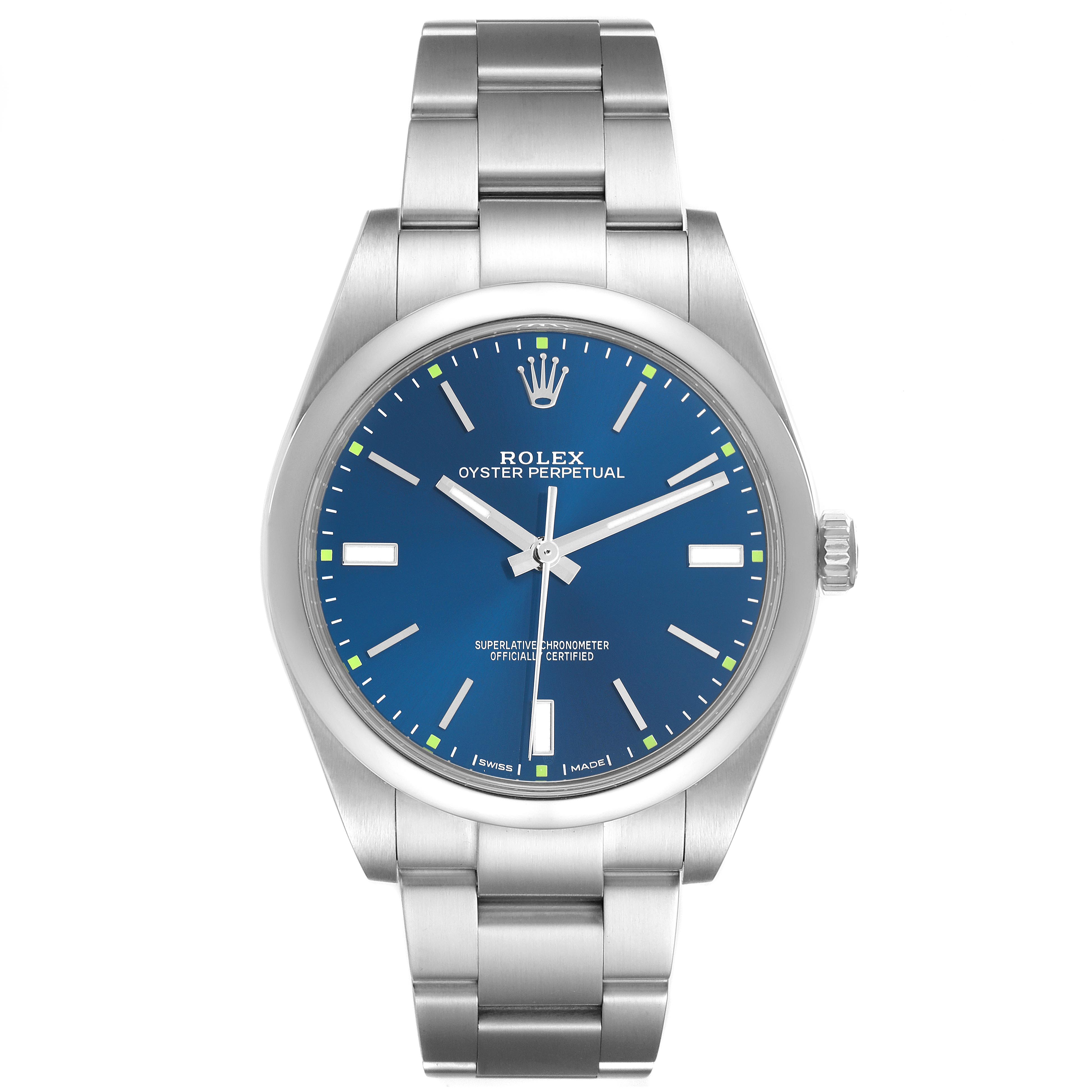 The image shows a front view of a Rolex Oyster Perpetual 114300 Men's Stainless Steel Blue Dial 114300 Men's Stainless Steel Blue Dial watch, highlighting its blue dial, bezel, and bracelet.