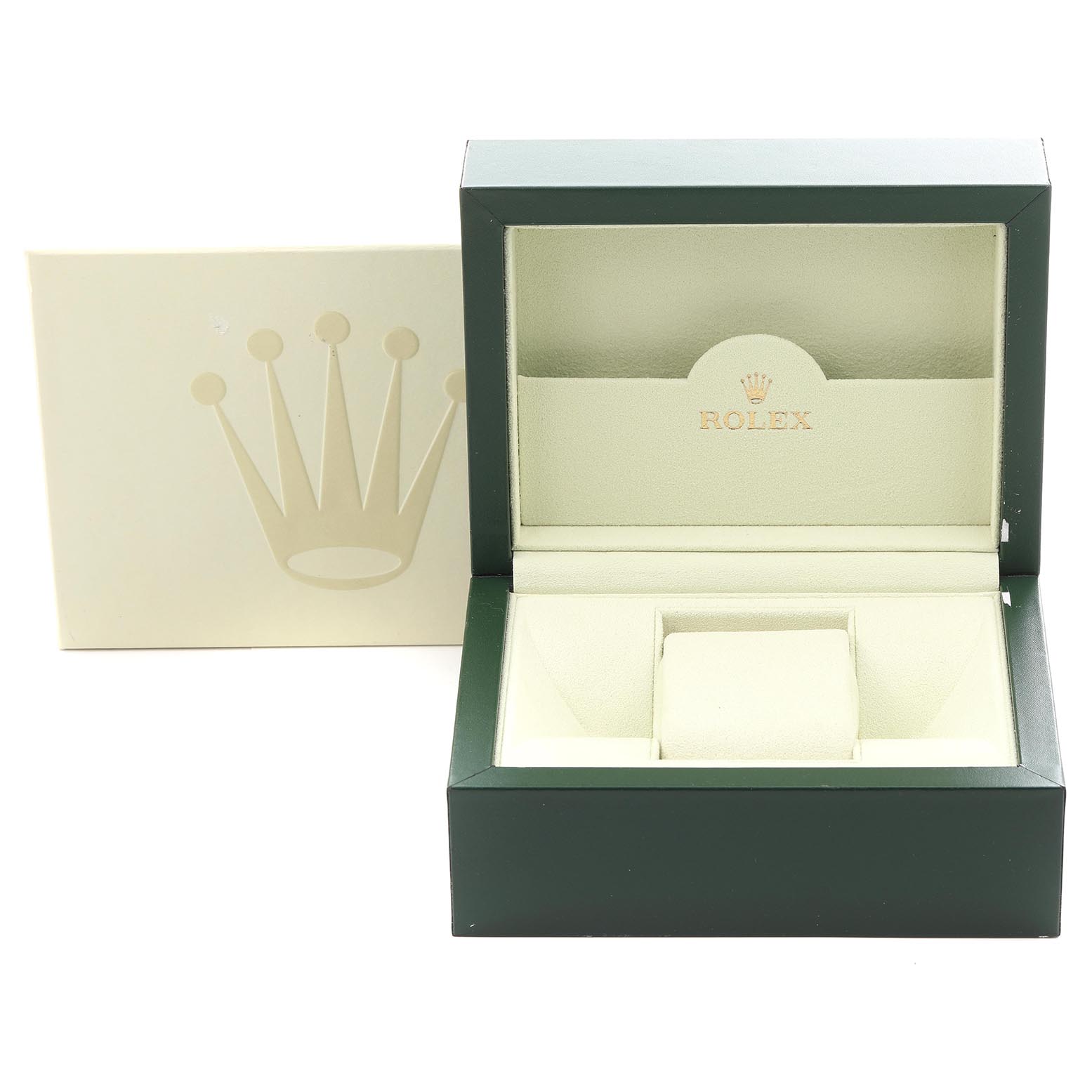 This image shows an open Rolex Oyster Perpetual 114300 Men's Stainless Steel Blue Dial 114300 Men's Stainless Steel Blue Dial watch box at a front angle, displaying its interior compartments.