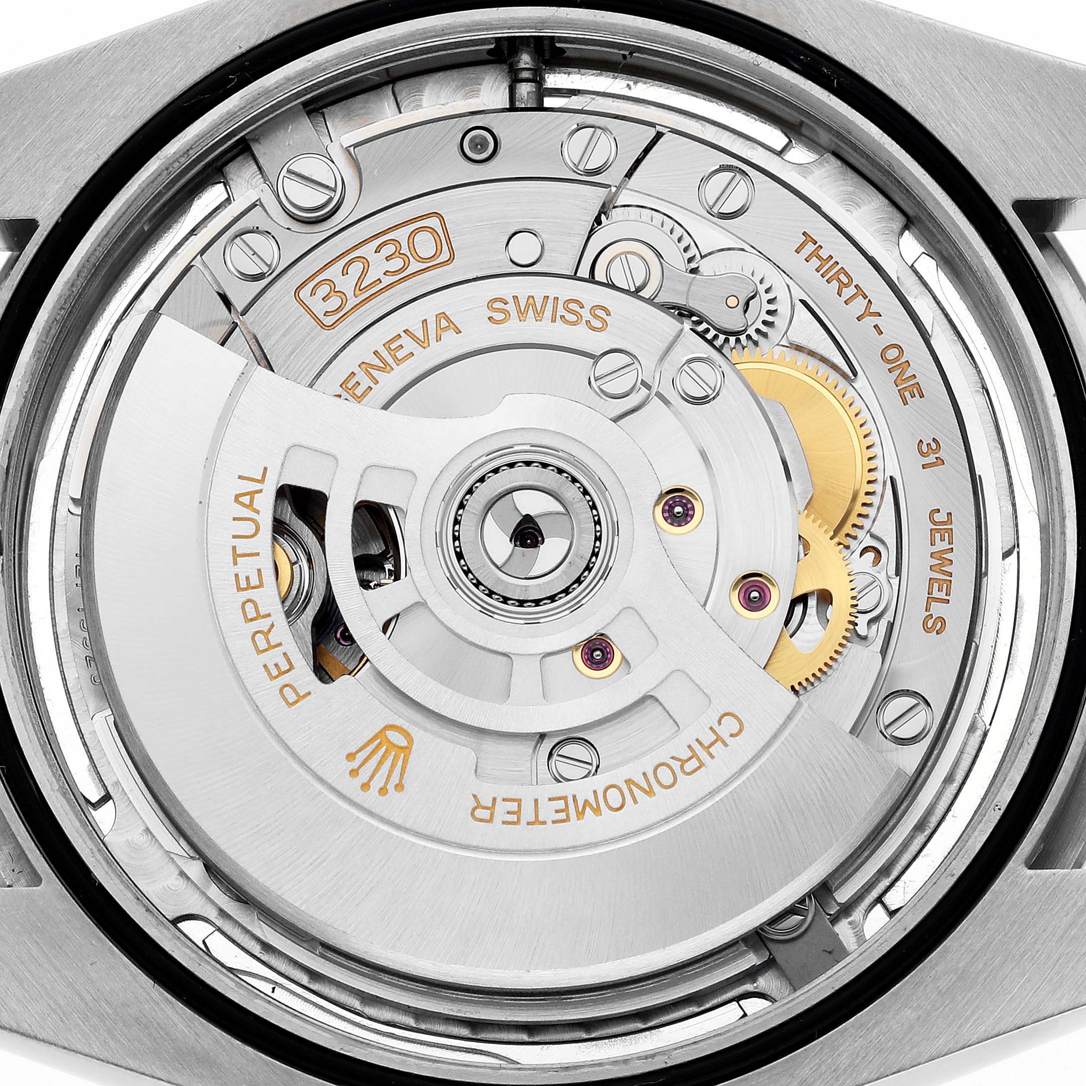 The image shows the back of a Rolex Oyster Perpetual 124300 Men
s Stainless Steel Silver Dial 124300 Men
s Stainless Steel Silver Dial watch, highlighting its intricate movement and rotor.