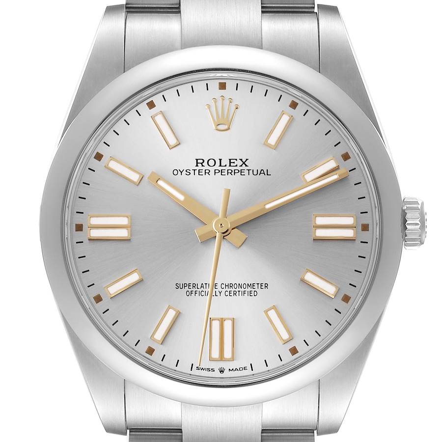 The image shows a frontal view of the Rolex Oyster Perpetual watch, highlighting the dial, hands, indices, and part of the bracelet.