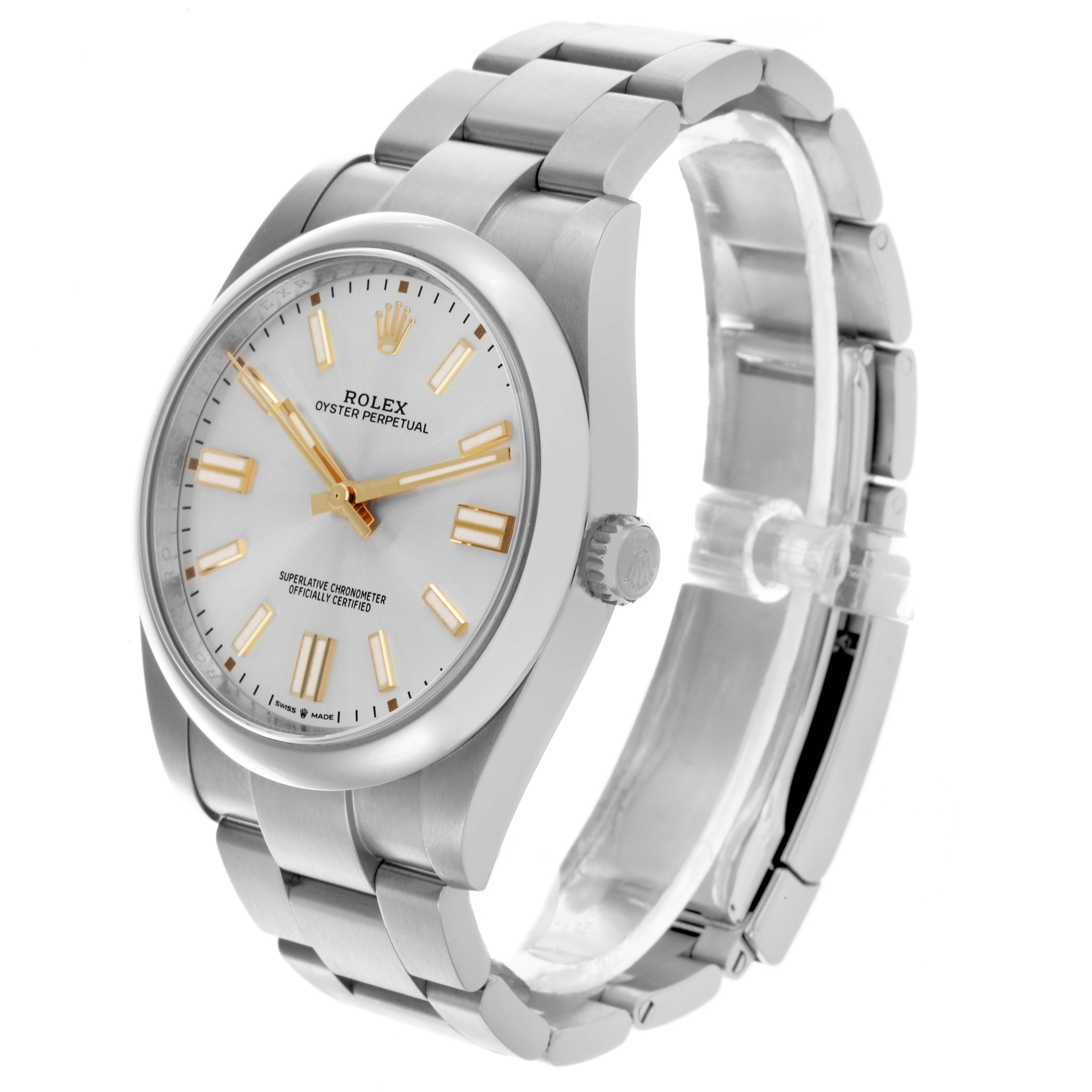 The Rolex Oyster Perpetual 124300 Men
s Stainless Steel Silver Dial 124300 Men
s Stainless Steel Silver Dial watch is shown at a three-quarter angle, displaying the dial, crown, and bracelet links.