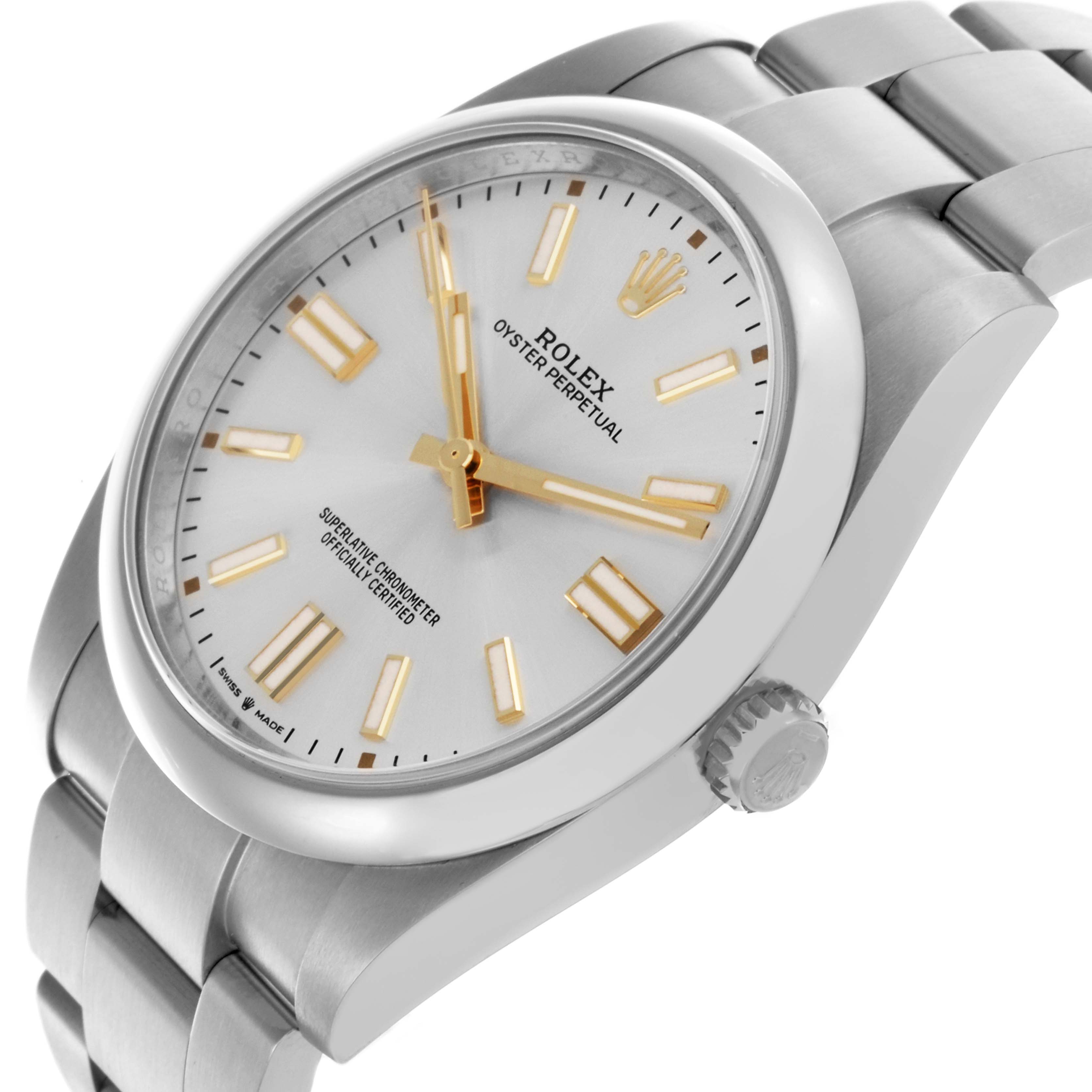 The Rolex Oyster Perpetual 124300 Men
s Stainless Steel Silver Dial 124300 Men
s Stainless Steel Silver Dial watch is shown at an angled view, highlighting the face, crown, and part of the bracelet.