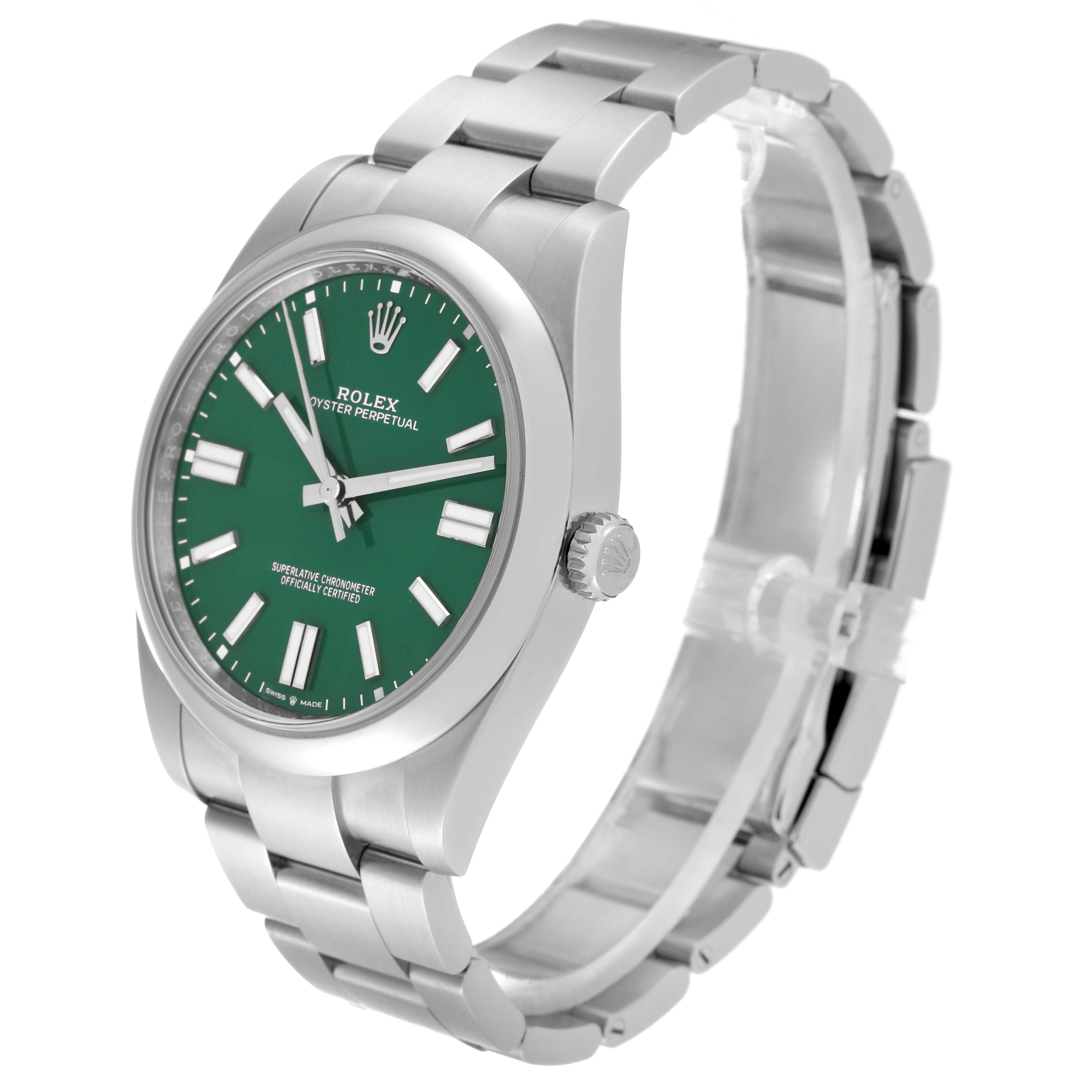 The image shows a Rolex Oyster Perpetual 124300 Men's Stainless Steel Green Dial 124300 Men's Stainless Steel Green Dial watch at a three-quarter angle, highlighting its green dial, crown, and stainless steel bracelet.