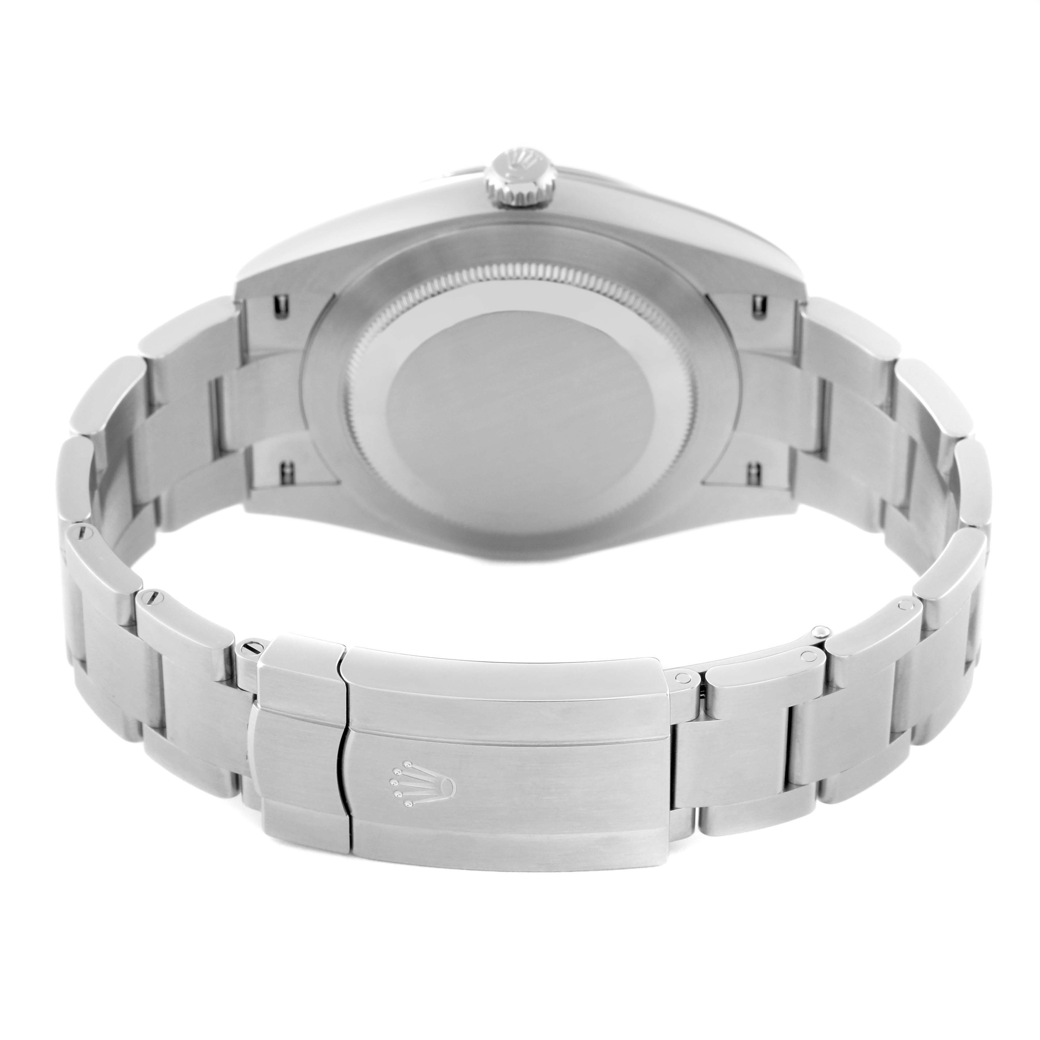 This image shows the back view of a Rolex Oyster Perpetual 124300 Men's Stainless Steel Green Dial 124300 Men's Stainless Steel Green Dial watch, highlighting its case and clasp.