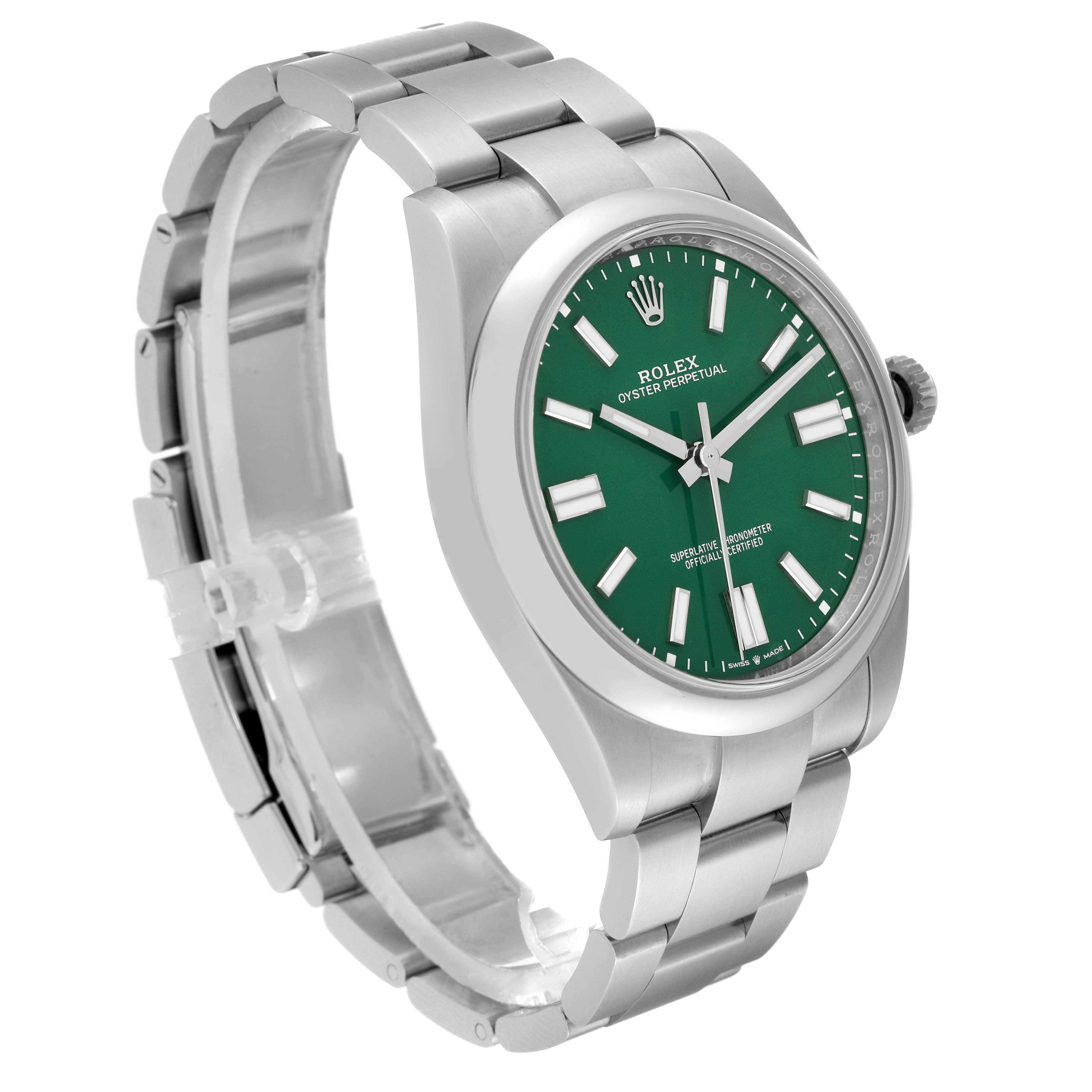 The image shows a side angle of the Rolex Oyster Perpetual 124300 Men's Stainless Steel Green Dial 124300 Men's Stainless Steel Green Dial watch, highlighting the green dial, silver case, and bracelet.