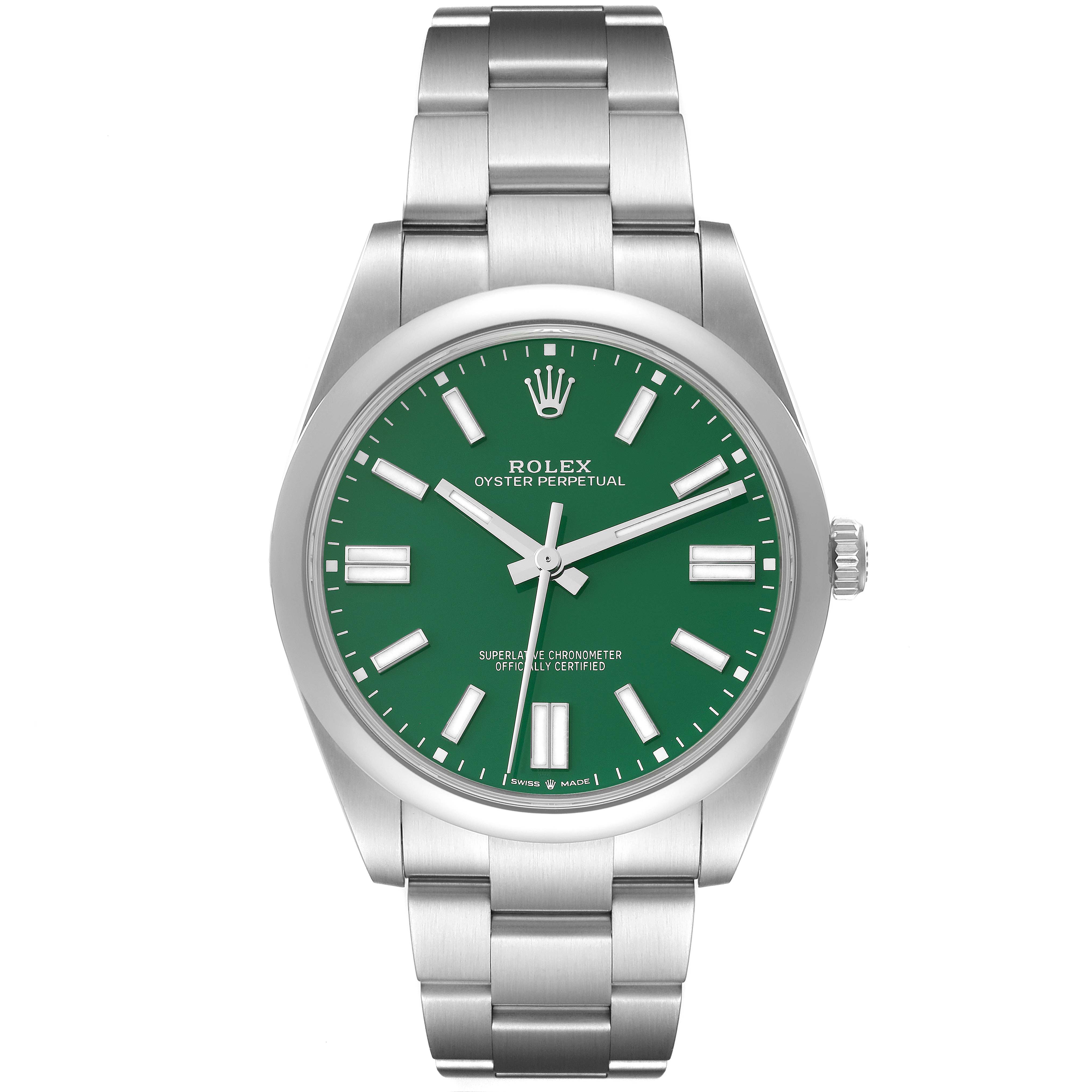 The image shows a front view of the Rolex Oyster Perpetual 124300 Men's Stainless Steel Green Dial 124300 Men's Stainless Steel Green Dial watch featuring a green dial and stainless steel bracelet.