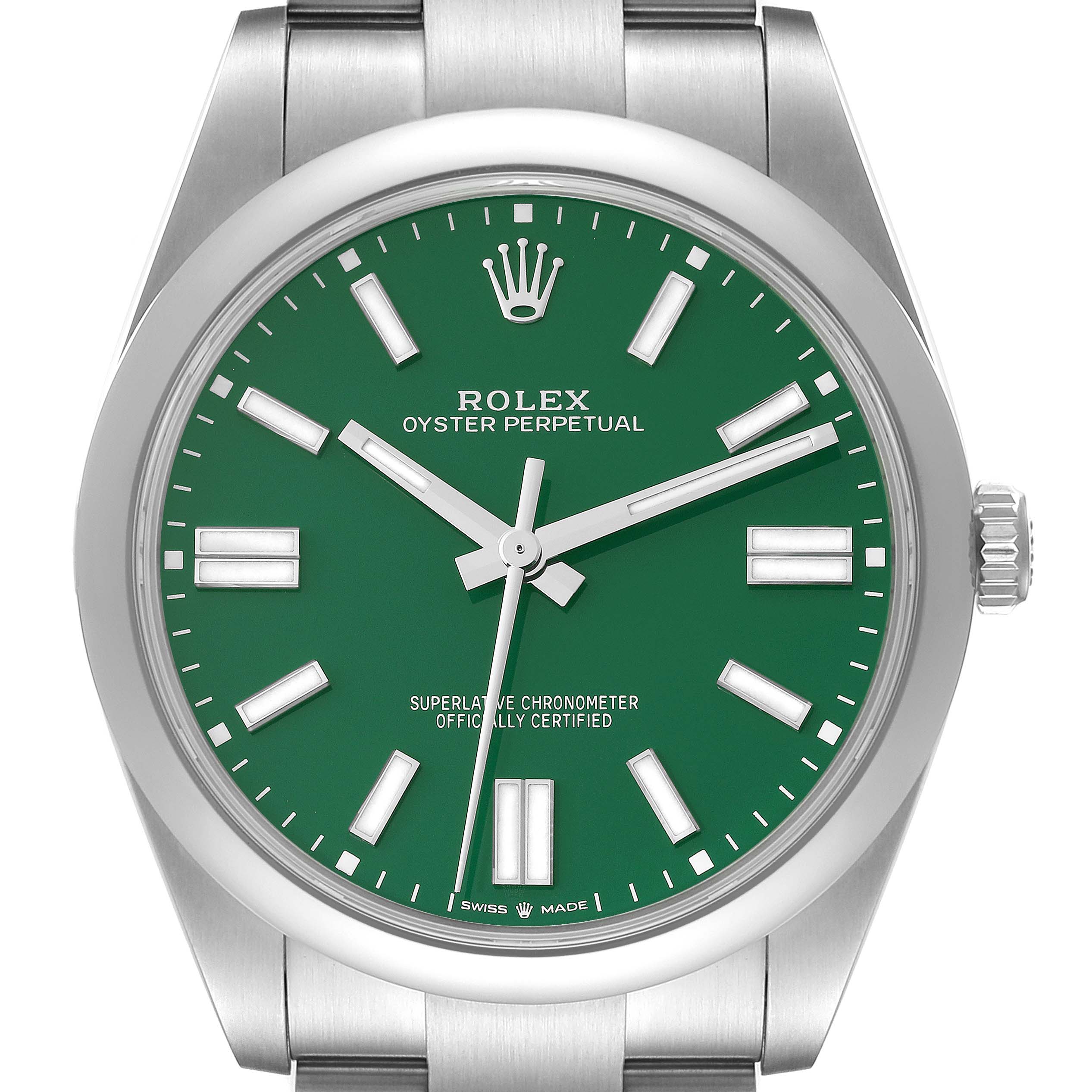 This image shows a front view of the Rolex Oyster Perpetual 124300 Men's Stainless Steel Green Dial 124300 Men's Stainless Steel Green Dial model with a green dial and stainless steel bracelet.