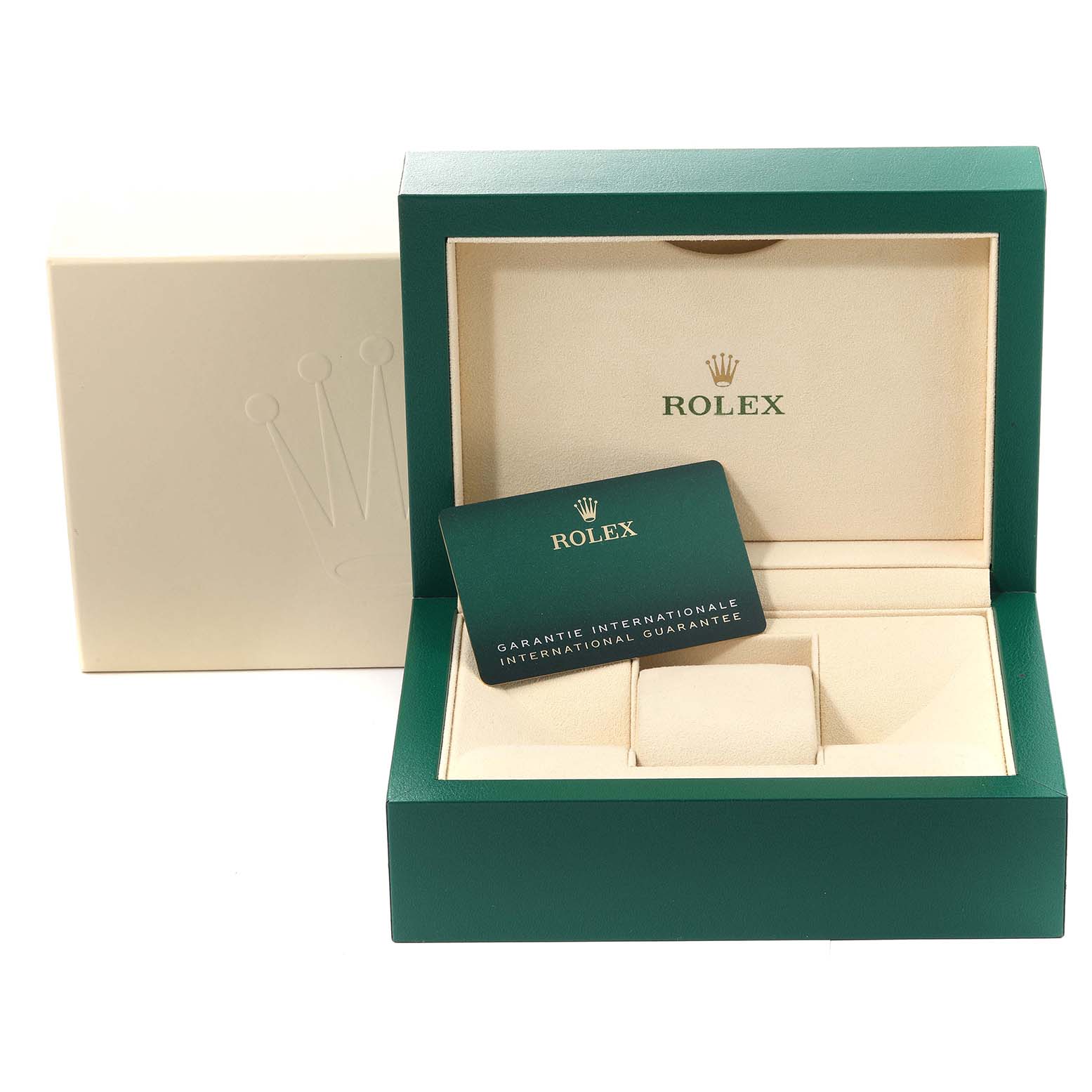 The image shows a Rolex Oyster Perpetual 124300 Men's Stainless Steel Green Dial 124300 Men's Stainless Steel Green Dial watch box and a green warranty card at a frontal angle.