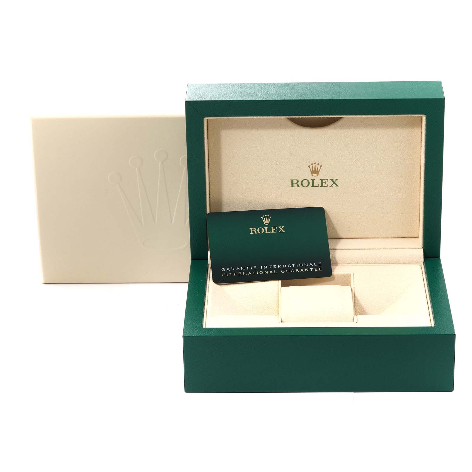 The image shows the packaging, box, and guarantee card for a Rolex Oyster Perpetual 124300 Men's Stainless Steel Green Dial 124300 Men's Stainless Steel Green Dial watch.