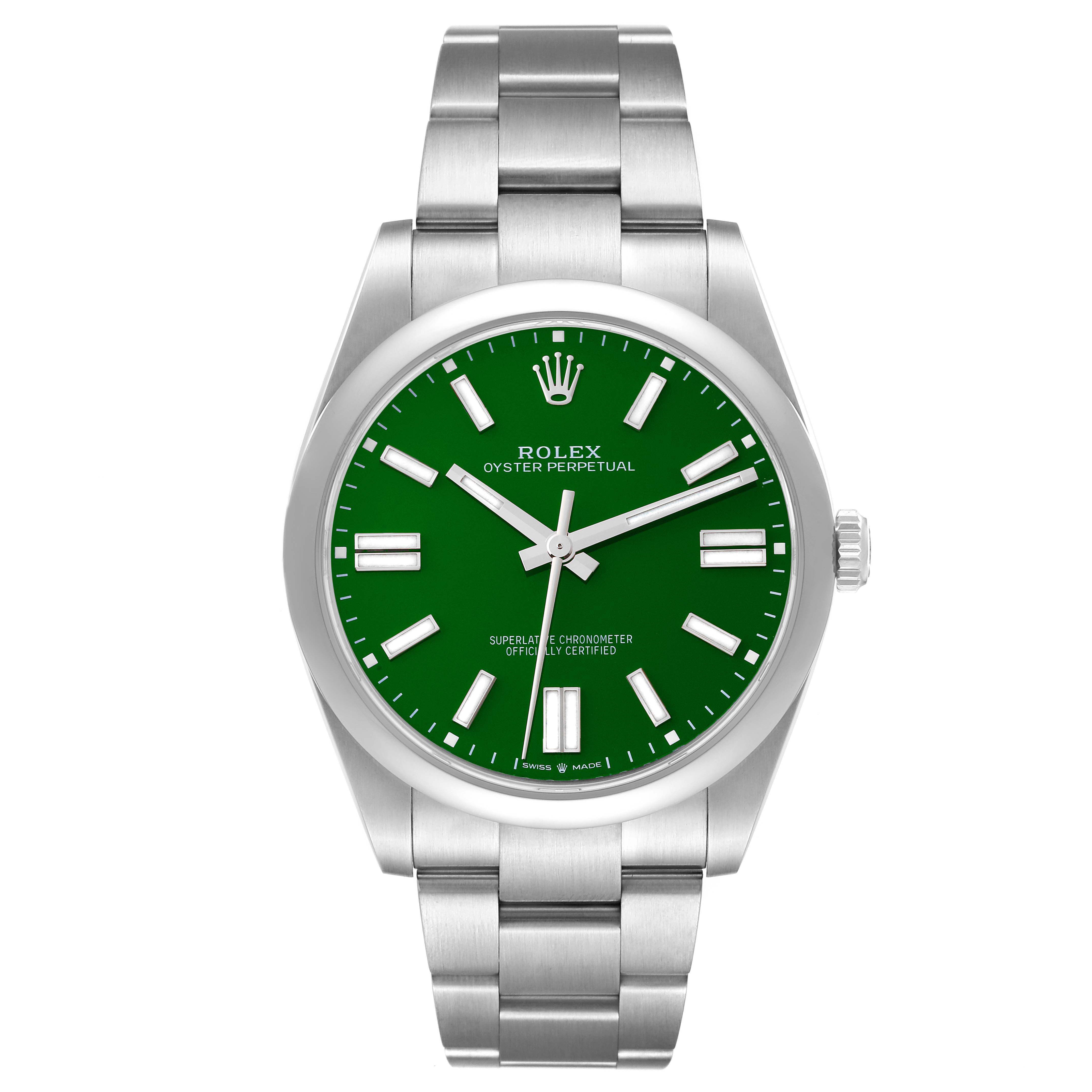 This image shows a front view of a Rolex Oyster Perpetual 124300 Men's Stainless Steel Green Dial 124300 Men's Stainless Steel Green Dial watch with a green dial and silver bracelet.