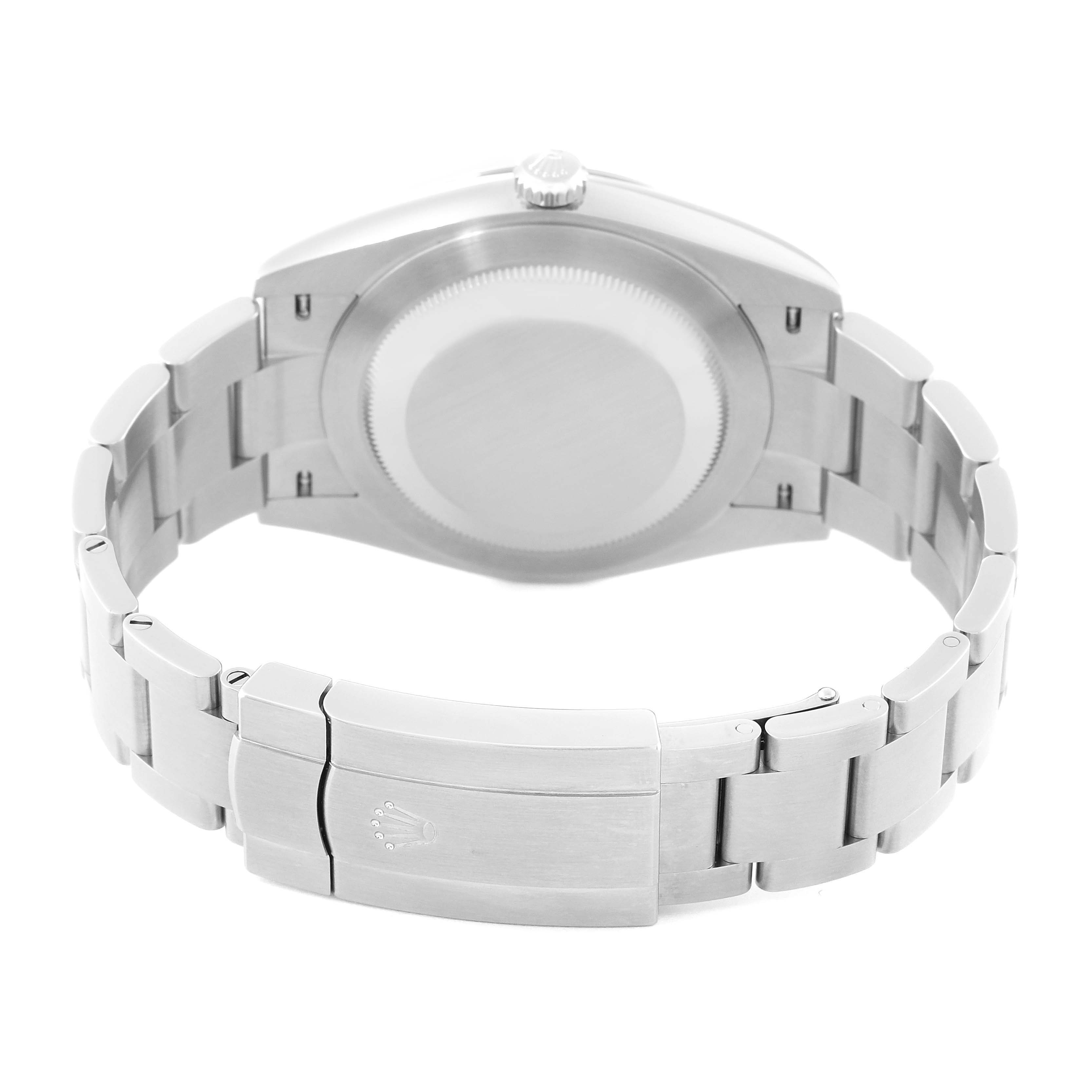 This image shows the back view of a Rolex Oyster Perpetual 124300 Men's Stainless Steel Green Dial 124300 Men's Stainless Steel Green Dial watch, highlighting its bracelet and clasp.