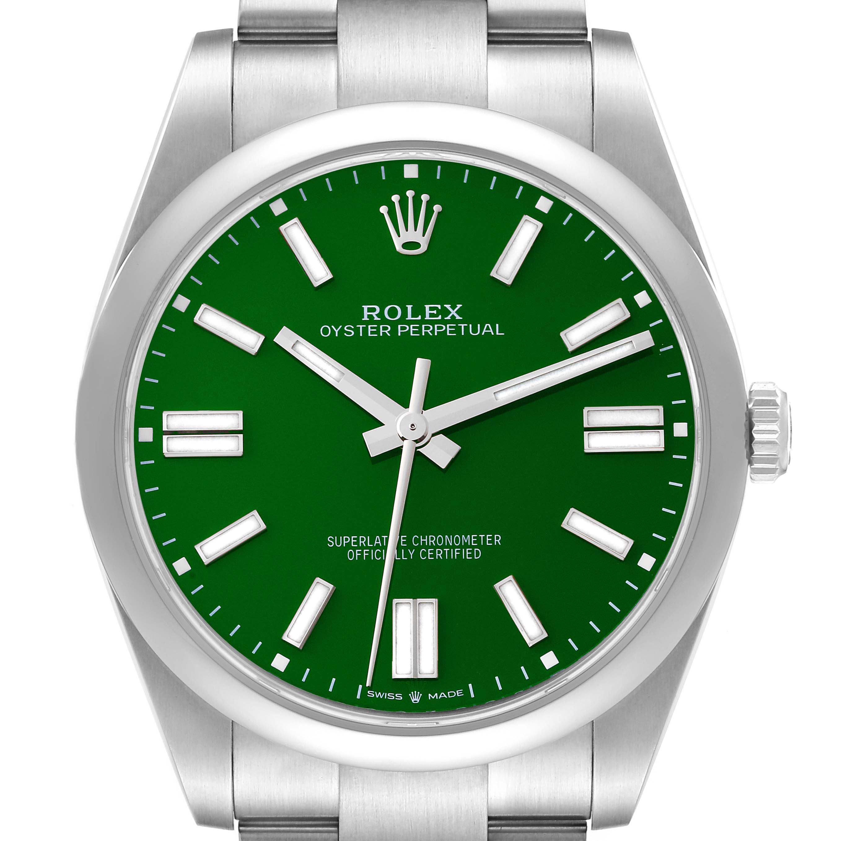 The image shows a front view of a Rolex Oyster Perpetual 124300 Men's Stainless Steel Green Dial 124300 Men's Stainless Steel Green Dial watch with a green dial and silver markers and hands.
