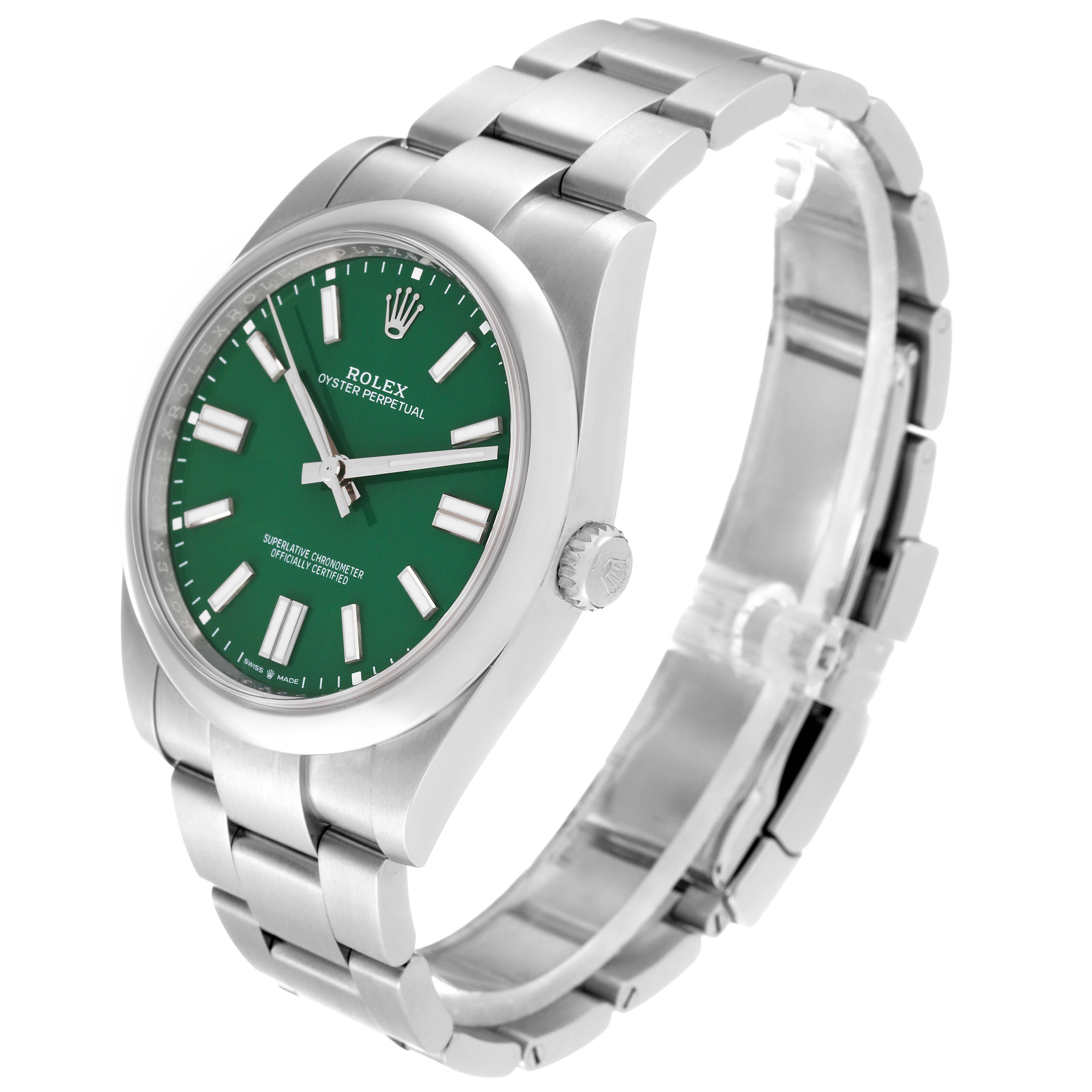 The Rolex Oyster Perpetual 124300 Men's Stainless Steel Green Dial 124300 Men's Stainless Steel Green Dial watch is shown at a three-quarter angle, displaying the face, bezel, crown, and bracelet.