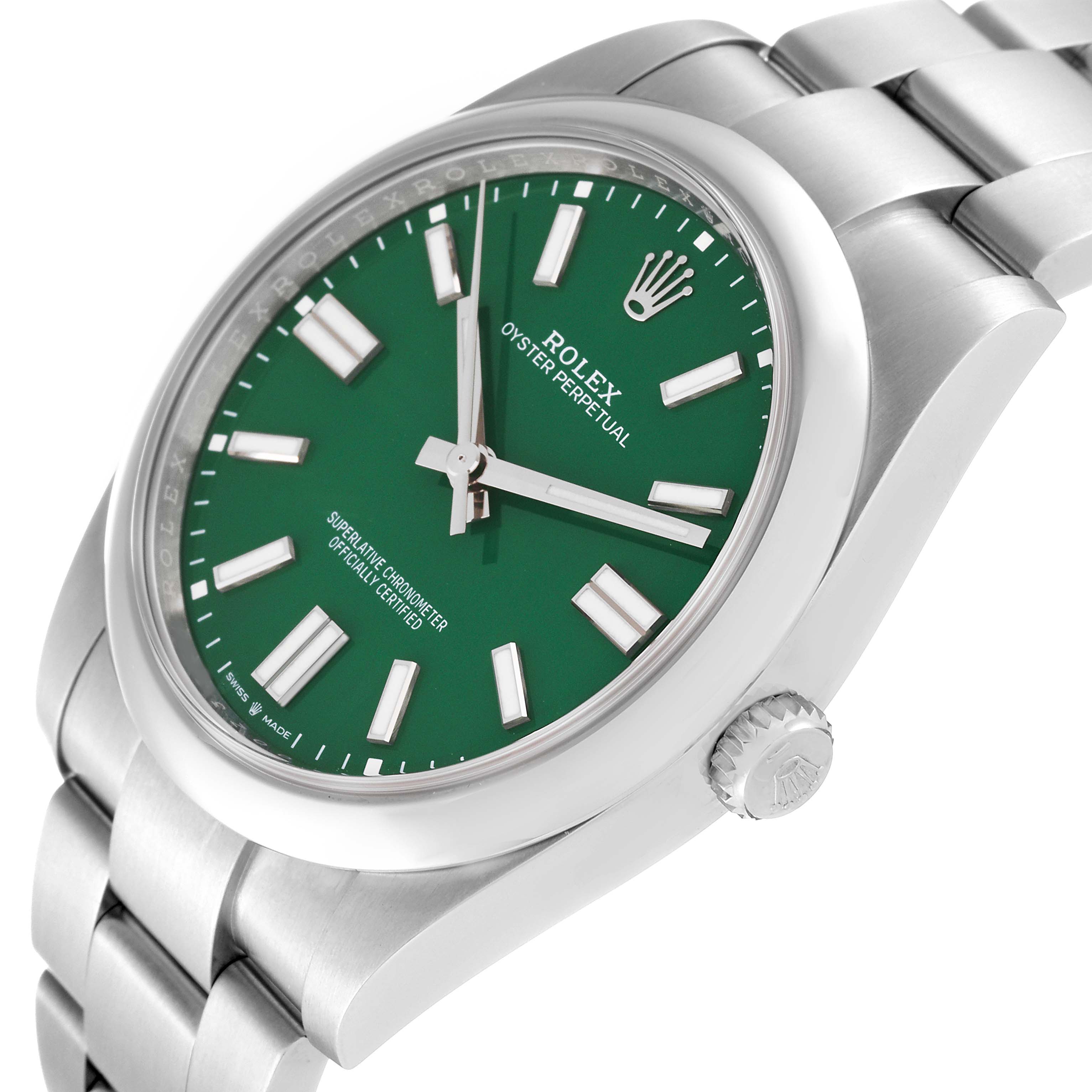 The image shows a close-up angled view of a Rolex Oyster Perpetual 124300 Men's Stainless Steel Green Dial 124300 Men's Stainless Steel Green Dial watch, highlighting its green dial and stainless steel bracelet.