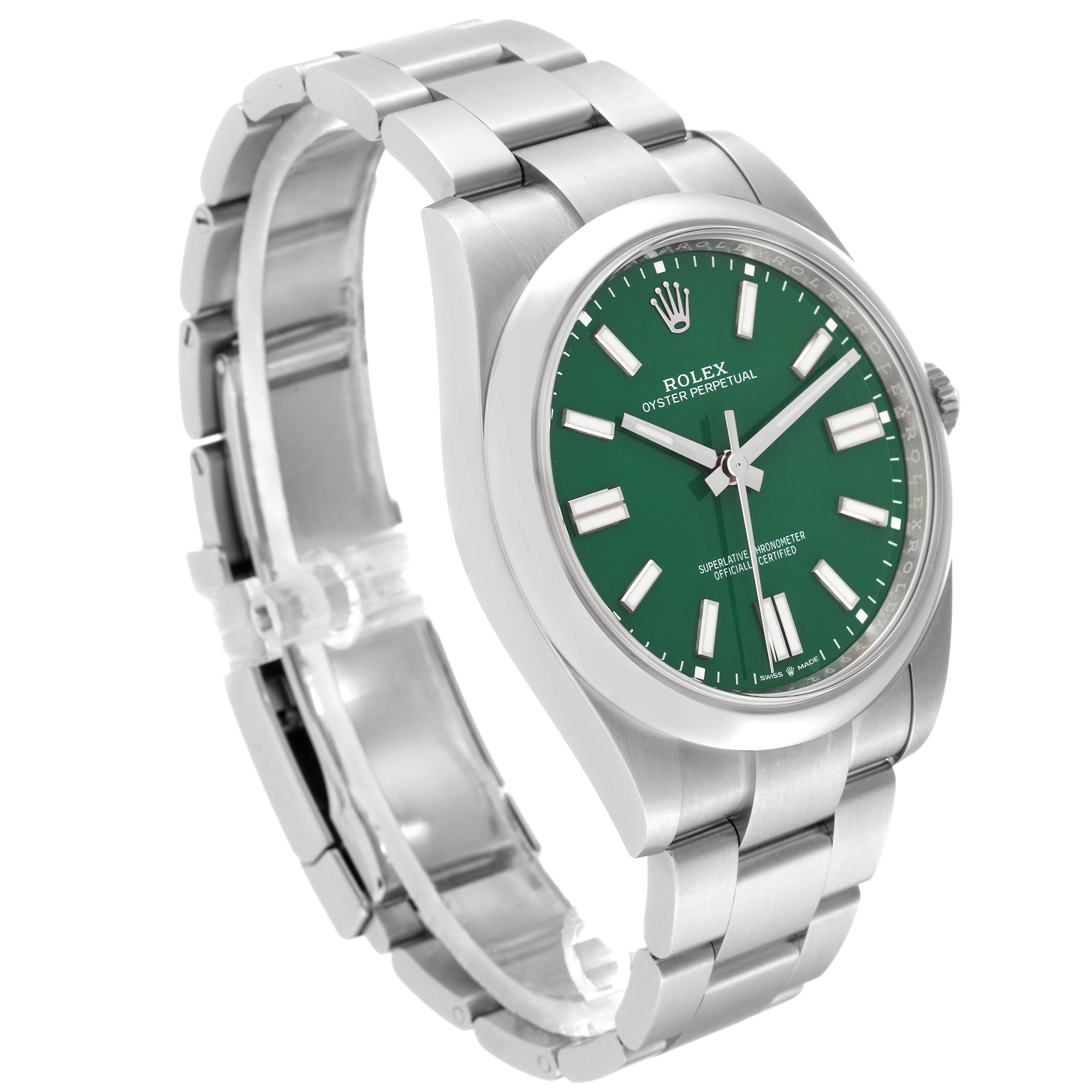 This image shows a side angle of a Rolex Oyster Perpetual 124300 Men's Stainless Steel Green Dial 124300 Men's Stainless Steel Green Dial watch with a green dial and stainless steel bracelet.