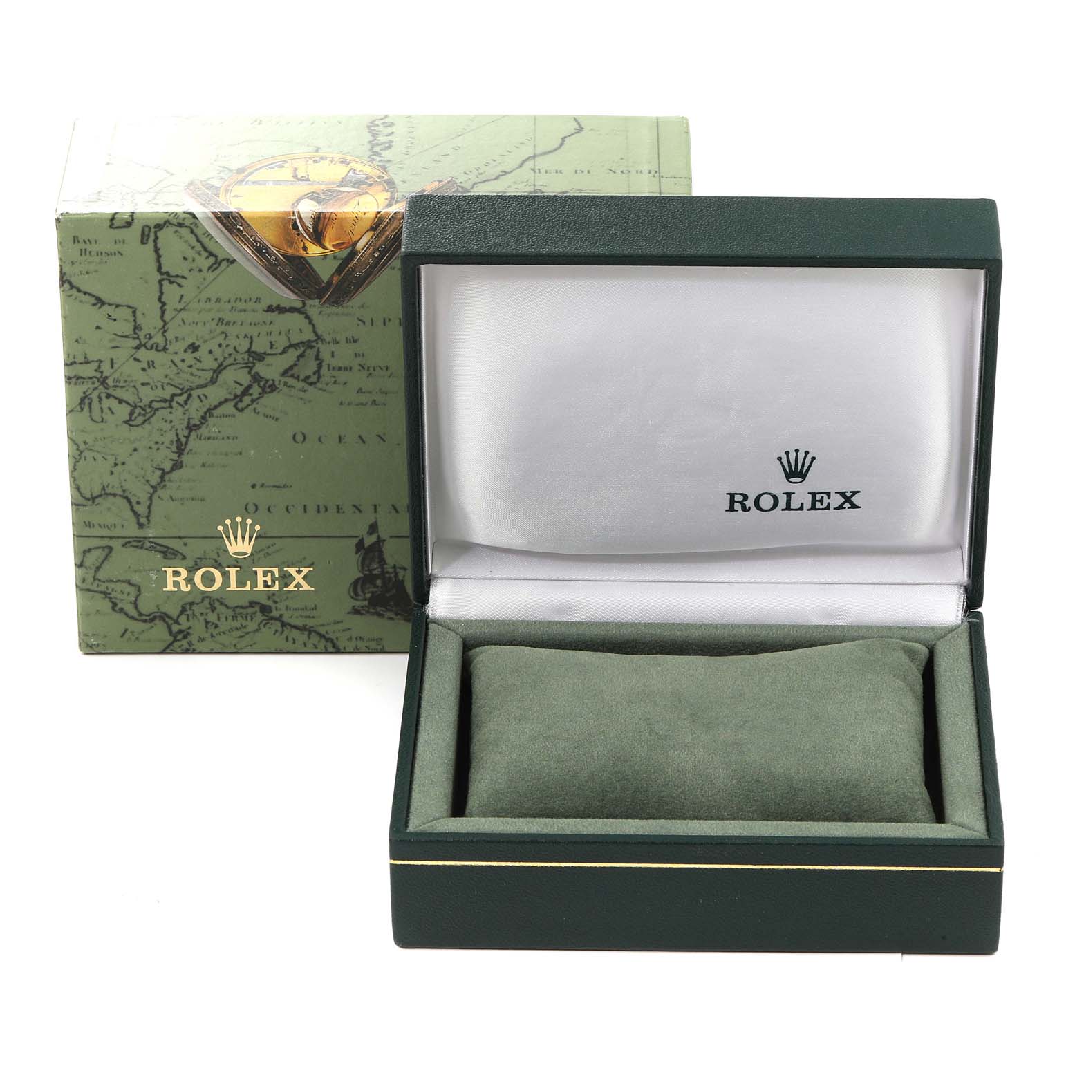 An image shows the Rolex Oyster Perpetual 76080 Women
s Stainless Steel Silver Dial 76080 Women
s Stainless Steel Silver Dial watch box, which includes the branded exterior box and inner watch cushion.