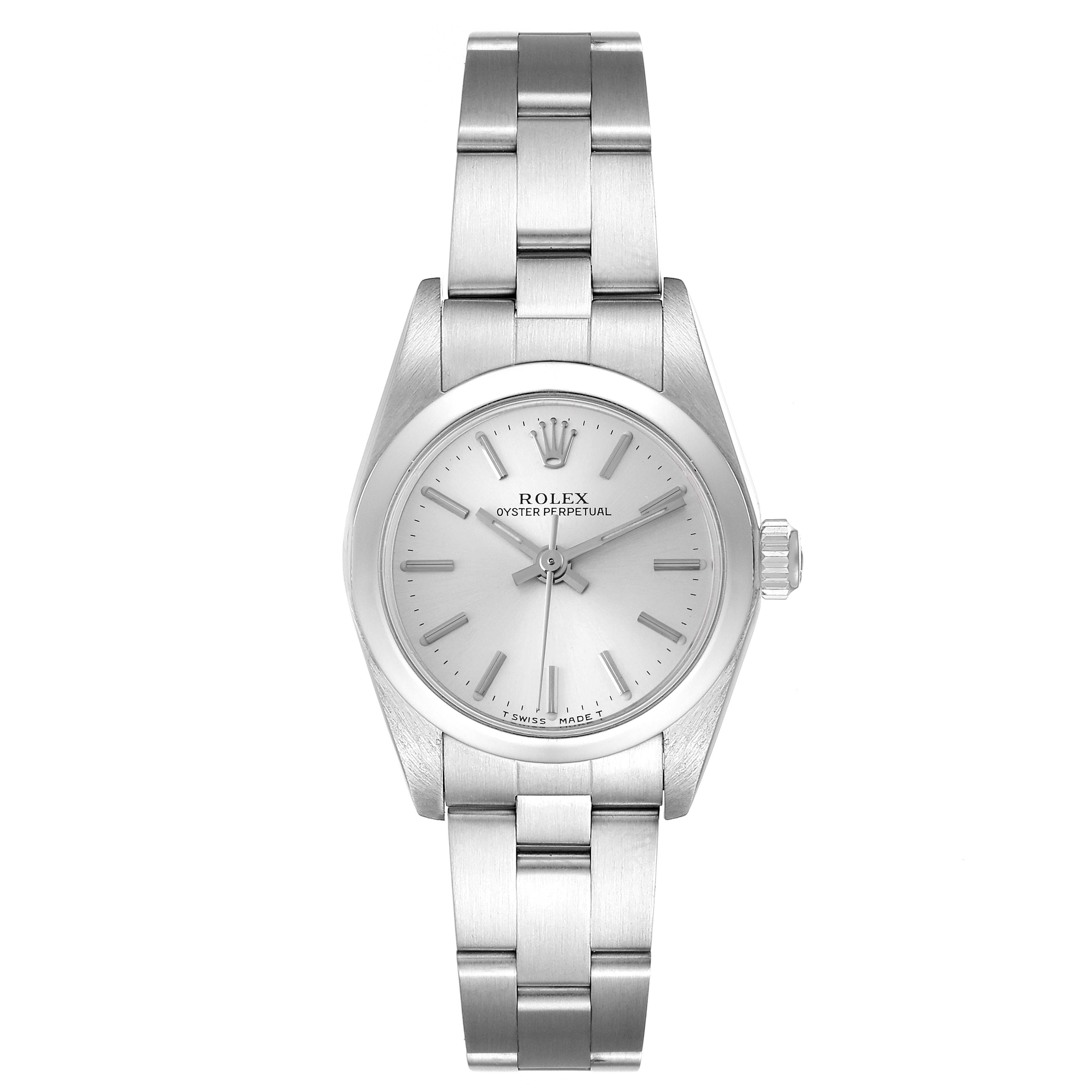 This image shows a front view of the Rolex Oyster Perpetual 76080 Women
s Stainless Steel Silver Dial 76080 Women
s Stainless Steel Silver Dial watch, highlighting its face, bezel, and bracelet.