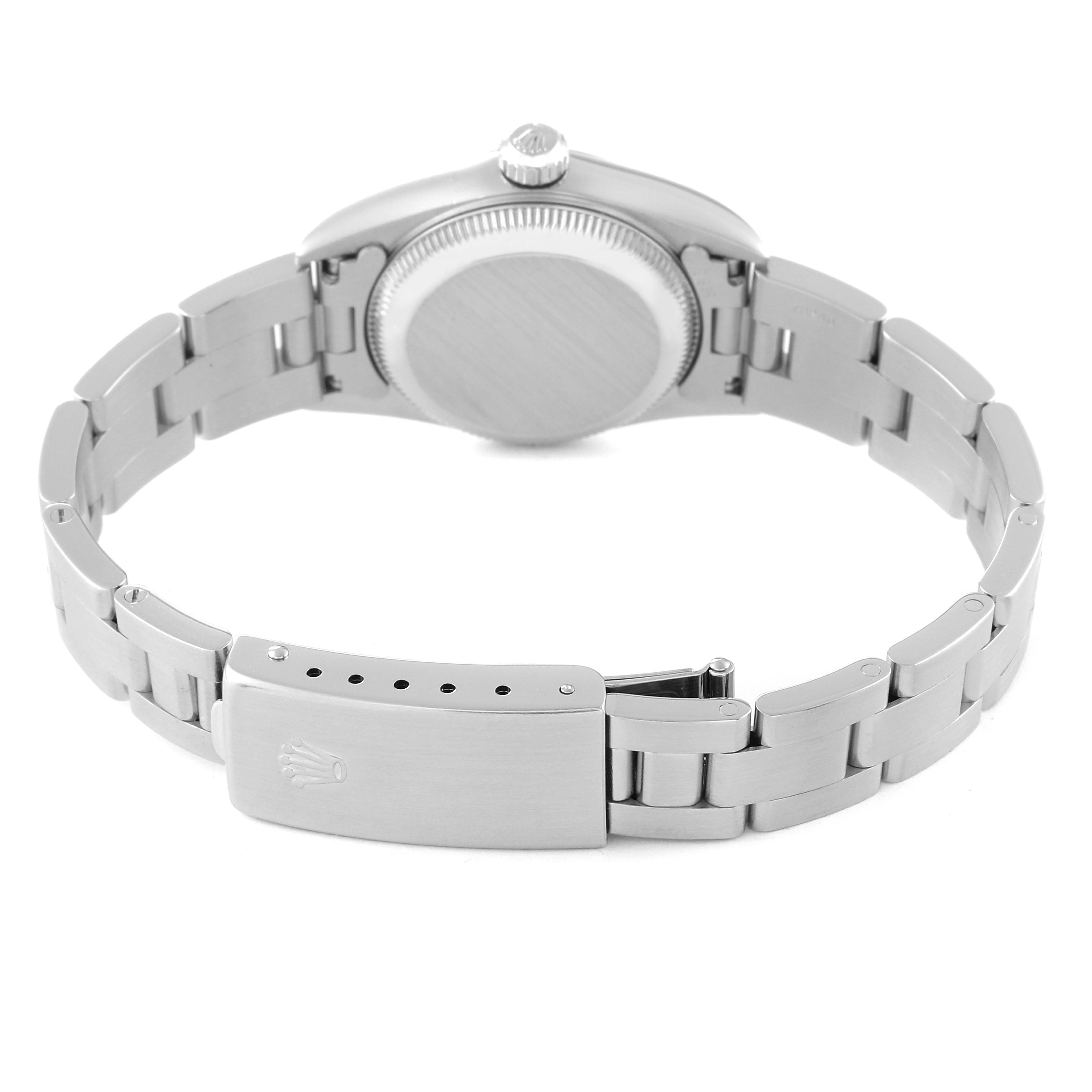 The image shows the back view of a Rolex Oyster Perpetual 76080 Women
s Stainless Steel Silver Dial 76080 Women
s Stainless Steel Silver Dial watch, focusing on the clasp and bracelet.