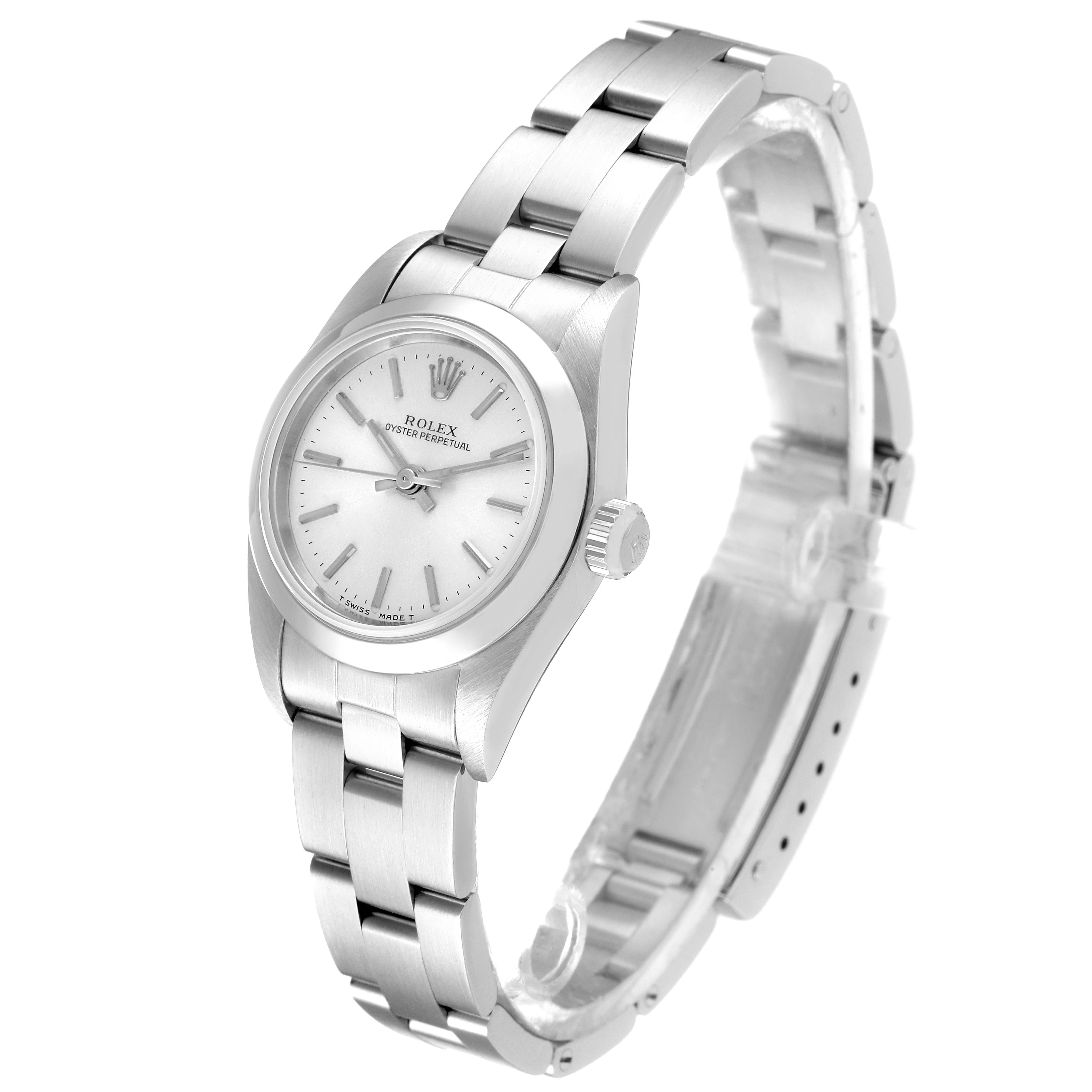 The image shows a Rolex Oyster Perpetual 76080 Women
s Stainless Steel Silver Dial 76080 Women
s Stainless Steel Silver Dial watch at a slight angle, highlighting the dial, case, crown, and bracelet.
