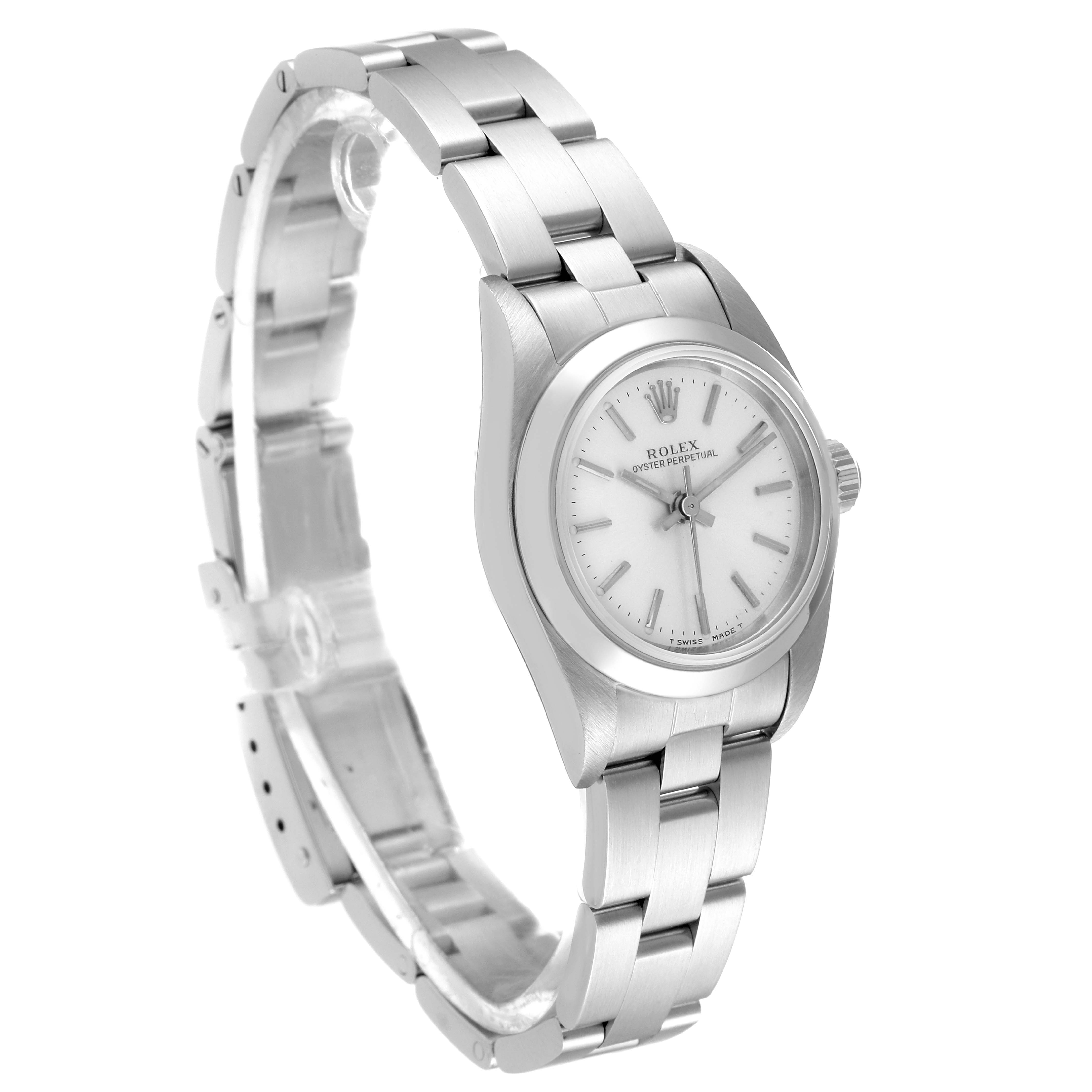 This image shows a side angle of the Rolex Oyster Perpetual 76080 Women
s Stainless Steel Silver Dial 76080 Women
s Stainless Steel Silver Dial watch, highlighting the dial, case, and bracelet.