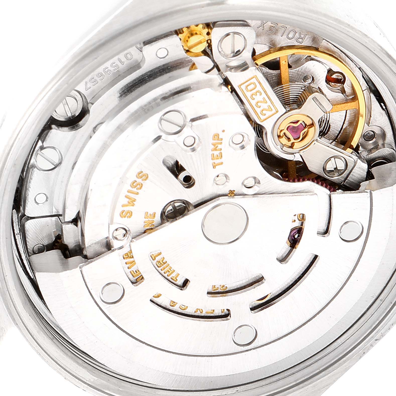 This image shows the internal mechanical movement of a Rolex Oyster Perpetual 76080 Women
s Stainless Steel Silver Dial 76080 Women
s Stainless Steel Silver Dial watch from a close-up angle.