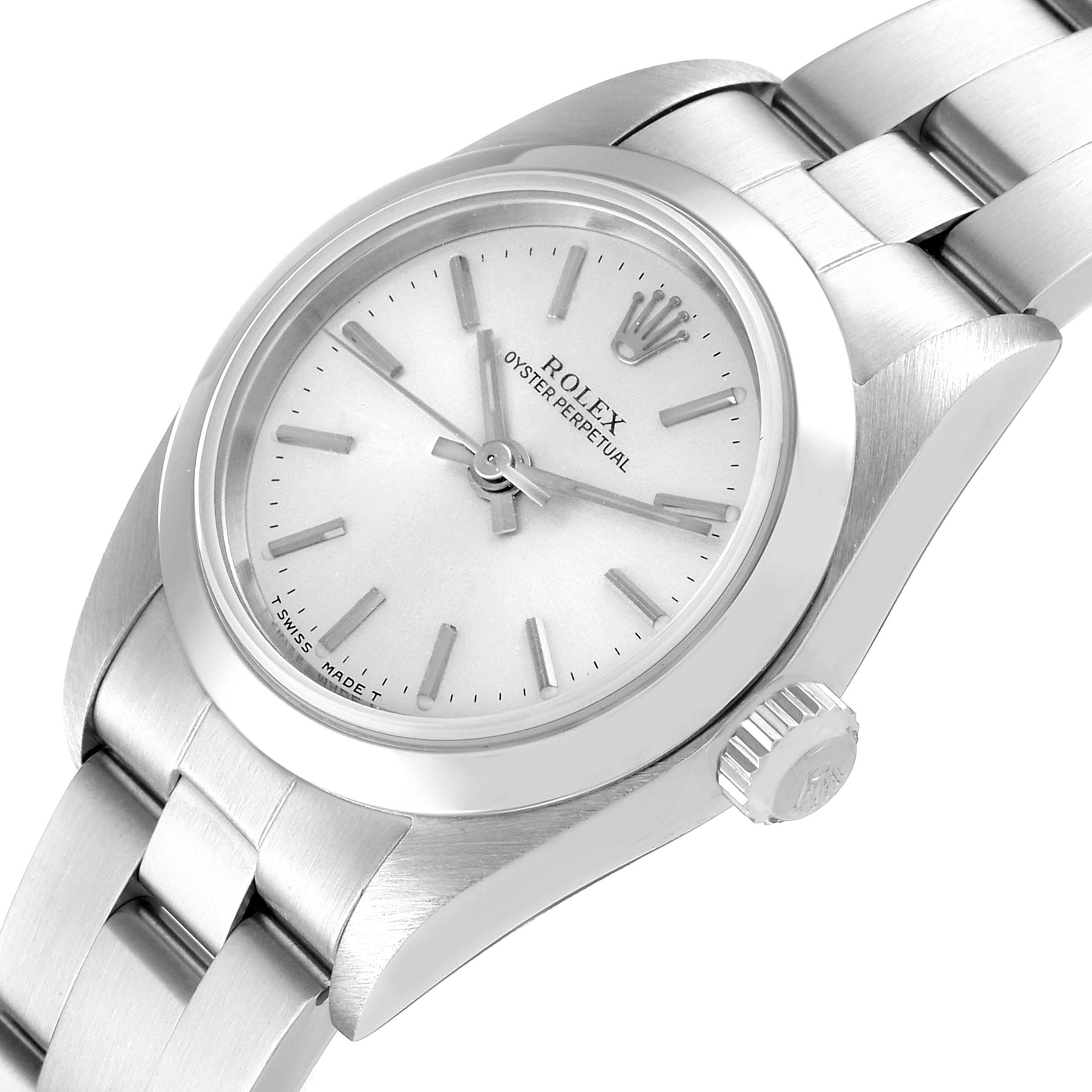 This image shows the face and partial bracelet of a Rolex Oyster Perpetual 76080 Women
s Stainless Steel Silver Dial 76080 Women
s Stainless Steel Silver Dial watch from an angled top-down view.