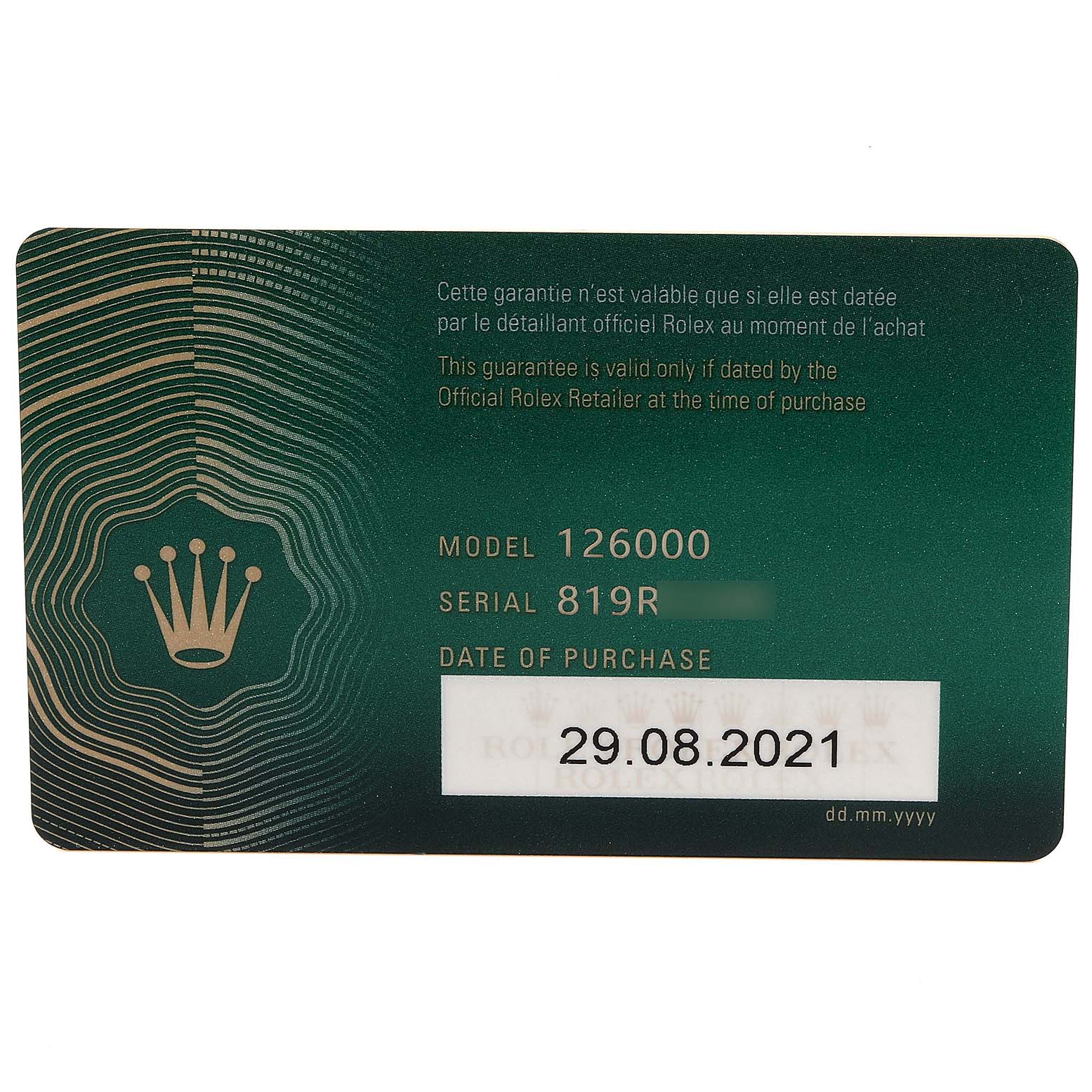 The image shows the warranty card for the Rolex Oyster Perpetual 126000 Men's Stainless Steel Silver Dial 126000 Men's Stainless Steel Silver Dial model 126000.