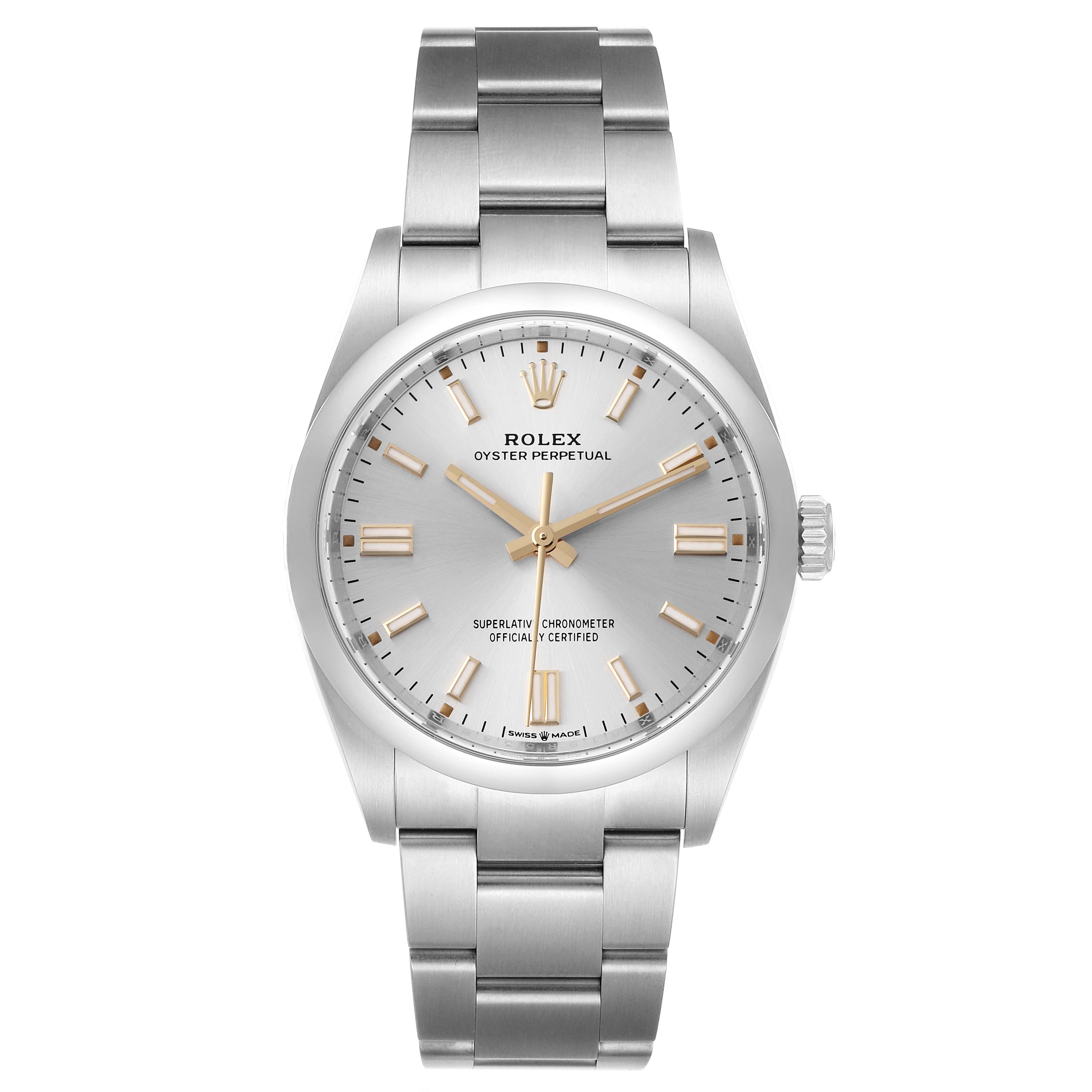 The Rolex Oyster Perpetual 126000 Men's Stainless Steel Silver Dial 126000 Men's Stainless Steel Silver Dial watch is shown from a front angle, highlighting the dial, bezel, and bracelet.