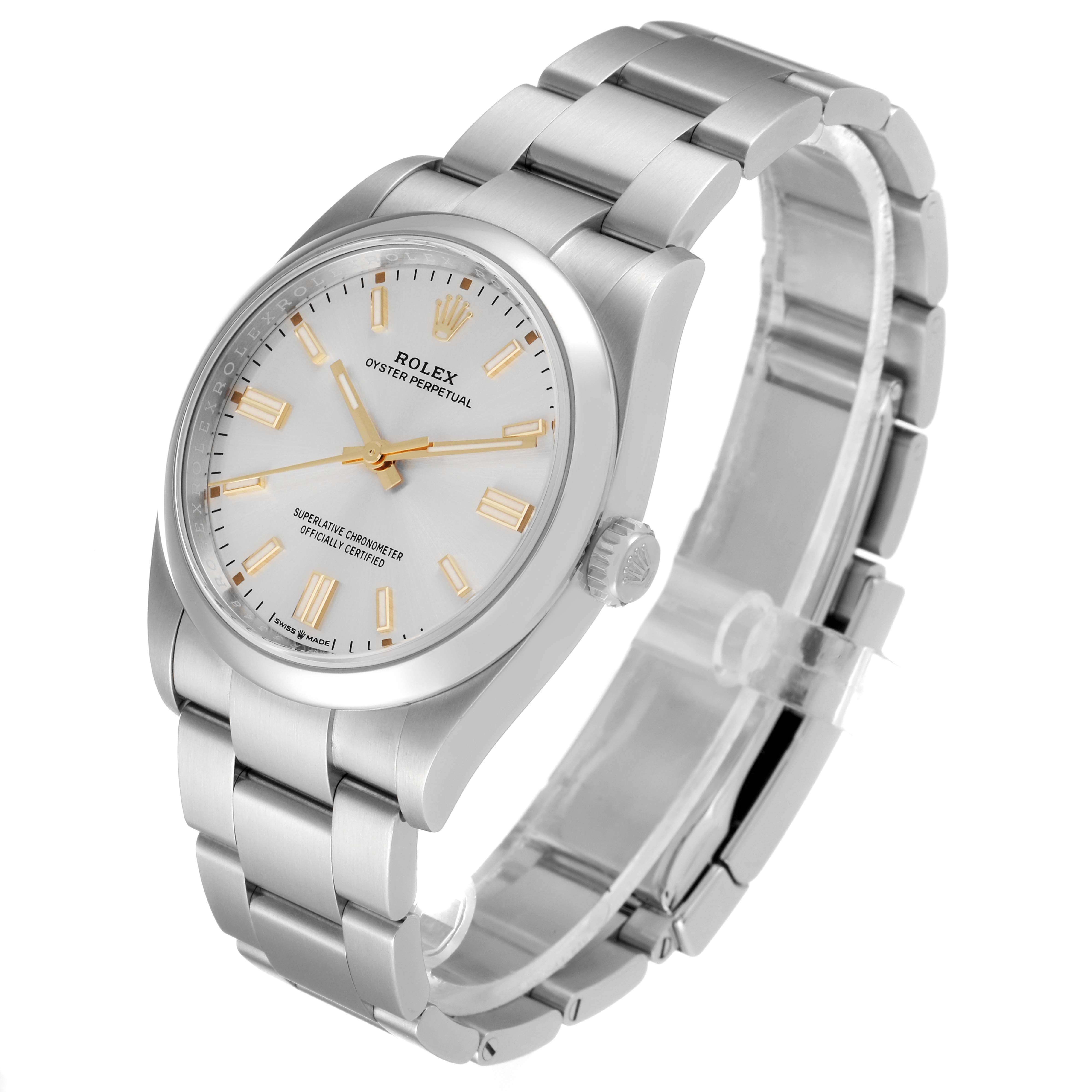 The image shows a Rolex Oyster Perpetual 126000 Men's Stainless Steel Silver Dial 126000 Men's Stainless Steel Silver Dial watch from an angled side view, highlighting the face, bezel, and bracelet.
