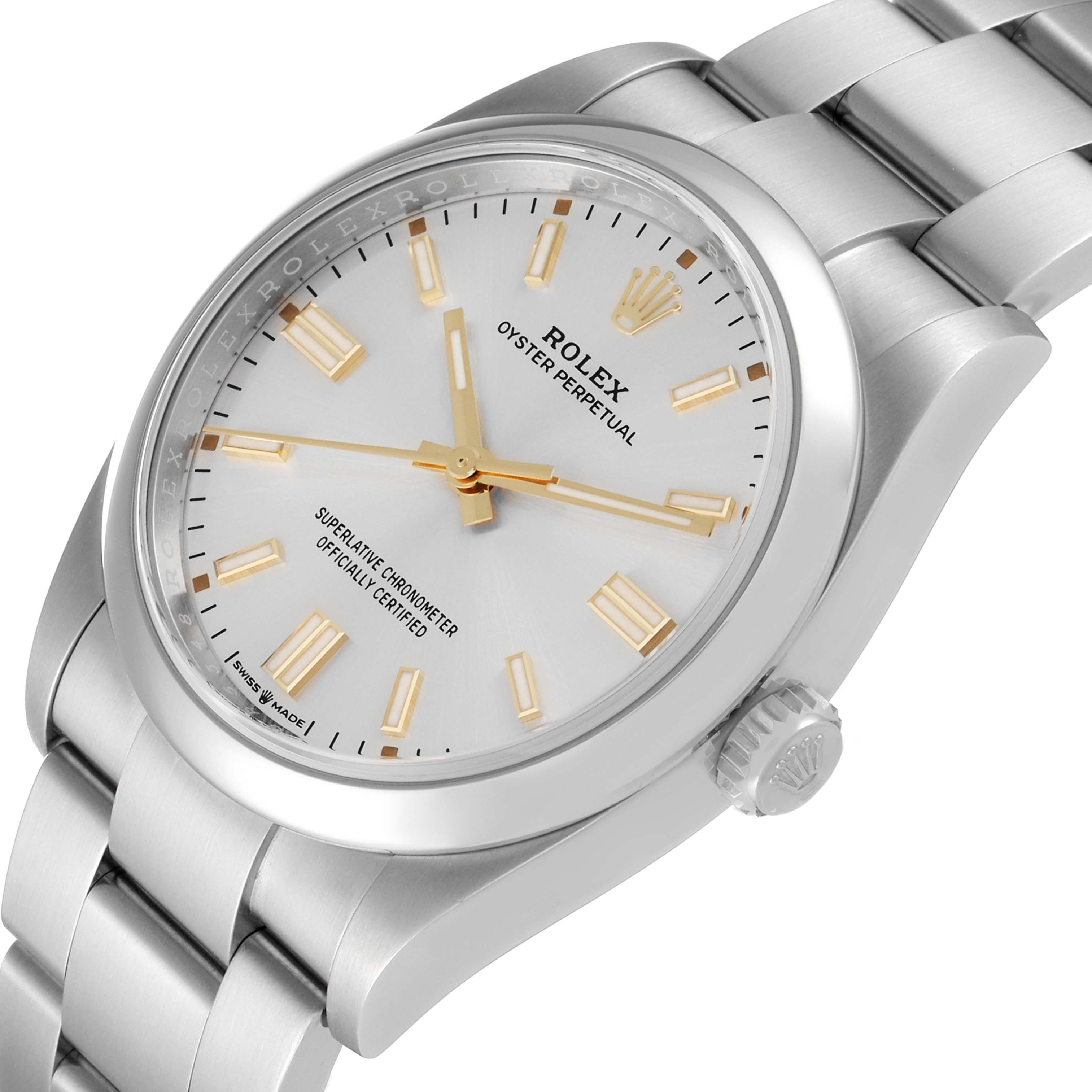 The image shows a Rolex Oyster Perpetual 126000 Men's Stainless Steel Silver Dial 126000 Men's Stainless Steel Silver Dial watch at an angled view, highlighting the dial, crown, and part of the bracelet.