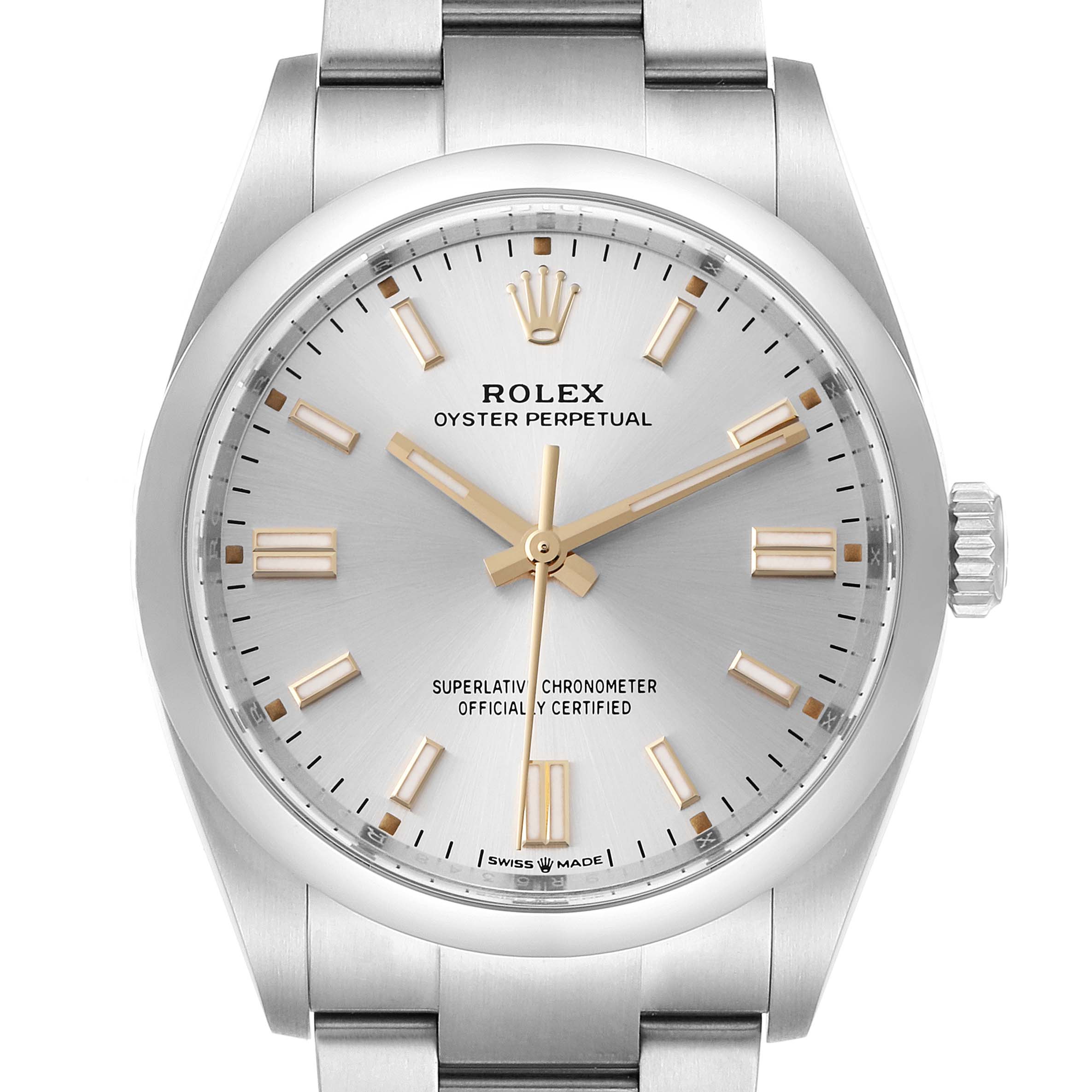 The image shows a frontal view of the Rolex Oyster Perpetual 126000 Men's Stainless Steel Silver Dial 126000 Men's Stainless Steel Silver Dial watch, highlighting its dial, hands, and part of the bracelet.