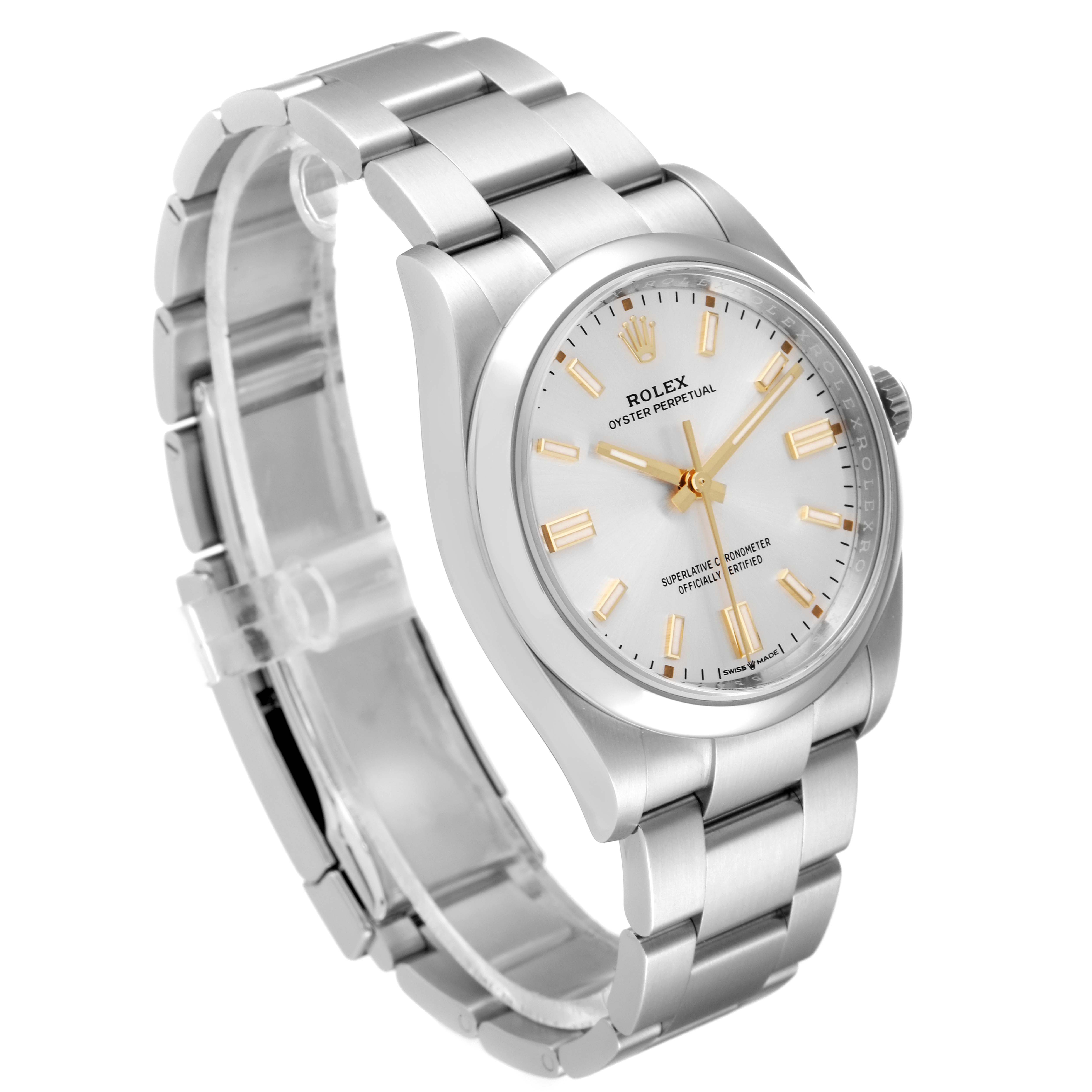 The image shows a side angle of a Rolex Oyster Perpetual 126000 Men's Stainless Steel Silver Dial 126000 Men's Stainless Steel Silver Dial watch, showcasing its face, bracelet, and clasp.