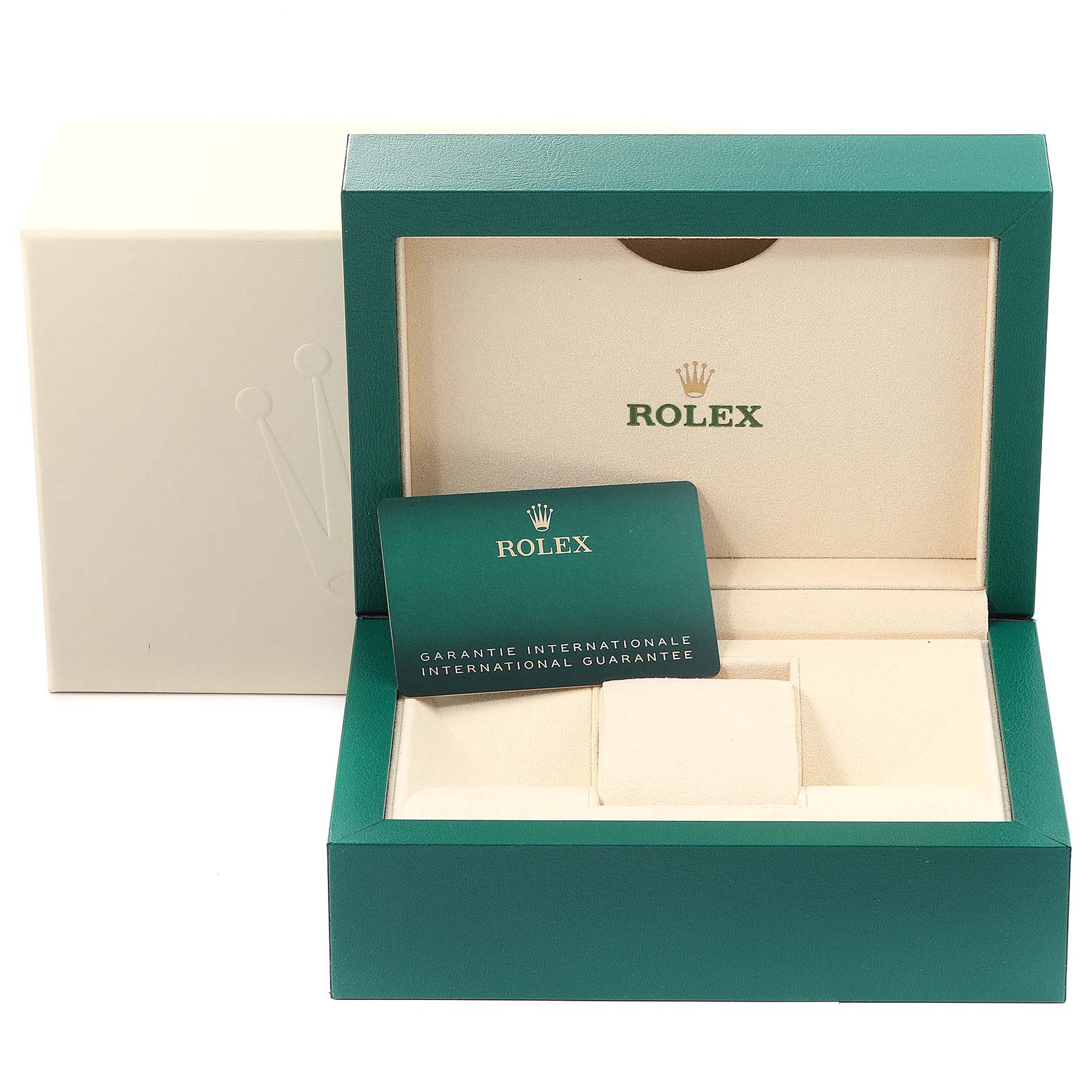 The image shows the watch box and international guarantee card for a Rolex Oyster Perpetual 126000 Men's Stainless Steel Silver Dial 126000 Men's Stainless Steel Silver Dial model.