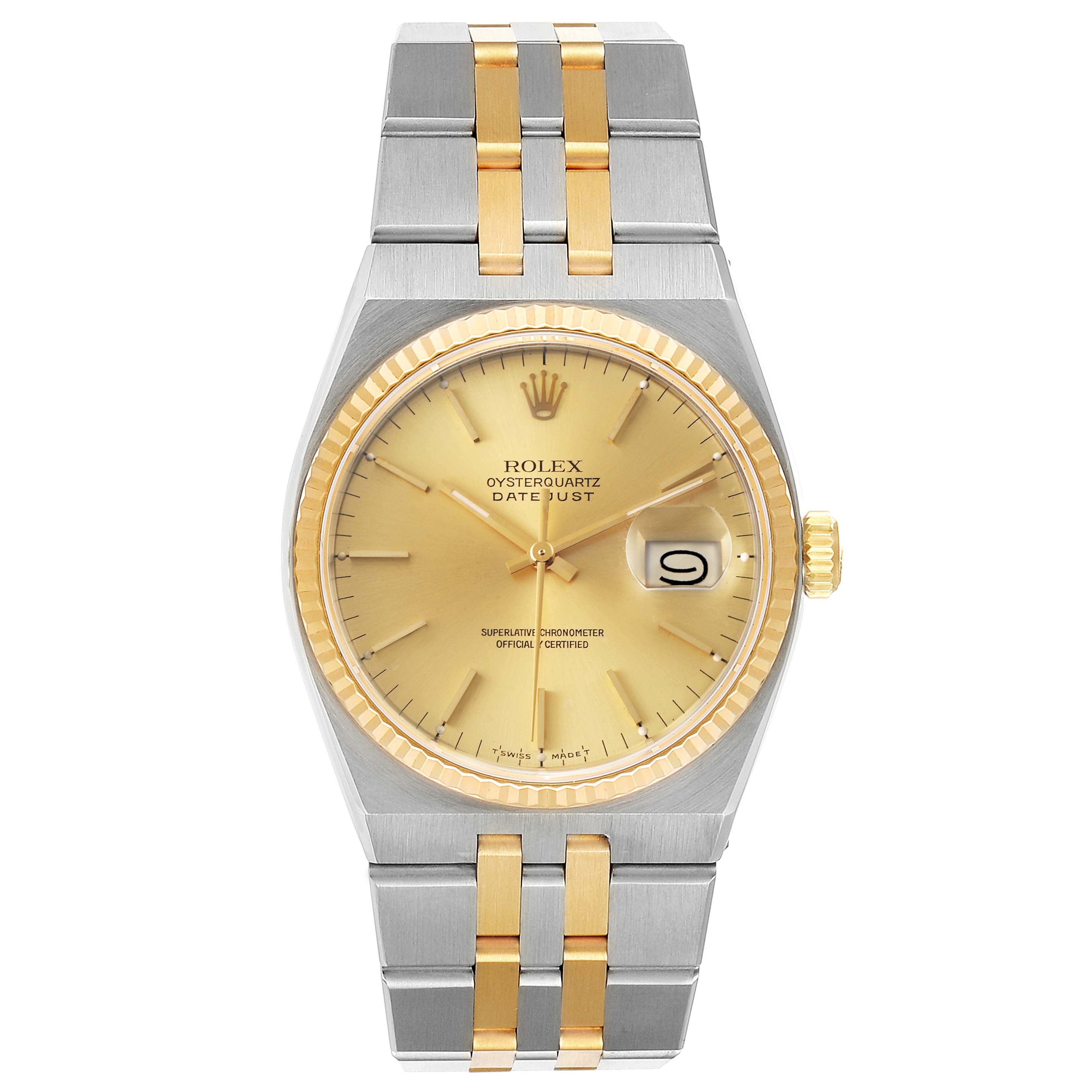 The image shows a frontal view of a Rolex Oysterquartz 17013 Men's Steel and Gold (two tone) Champagne Dial 17013 Men's Steel and Gold (two tone) Champagne Dial Datejust watch, featuring a gold and steel design.